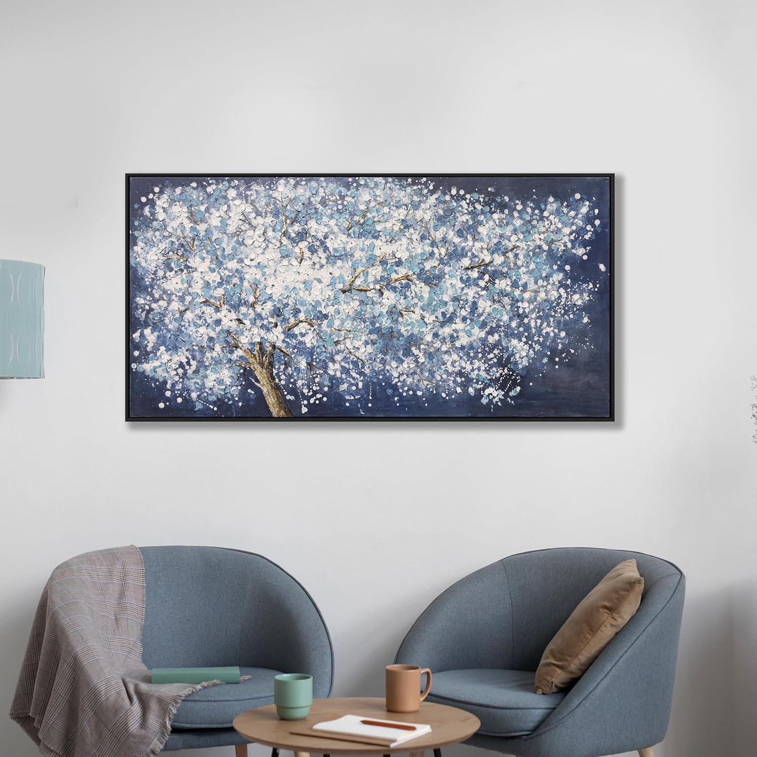 Wall Art Canvas Oil Painting Dark Blue And White Abstract Tree Plants Wall Decor Pictures Framed For Bedroom Canvas Wall Decorations Artwork For Living Room Dinning Room Home Office 20 X 40 Inch