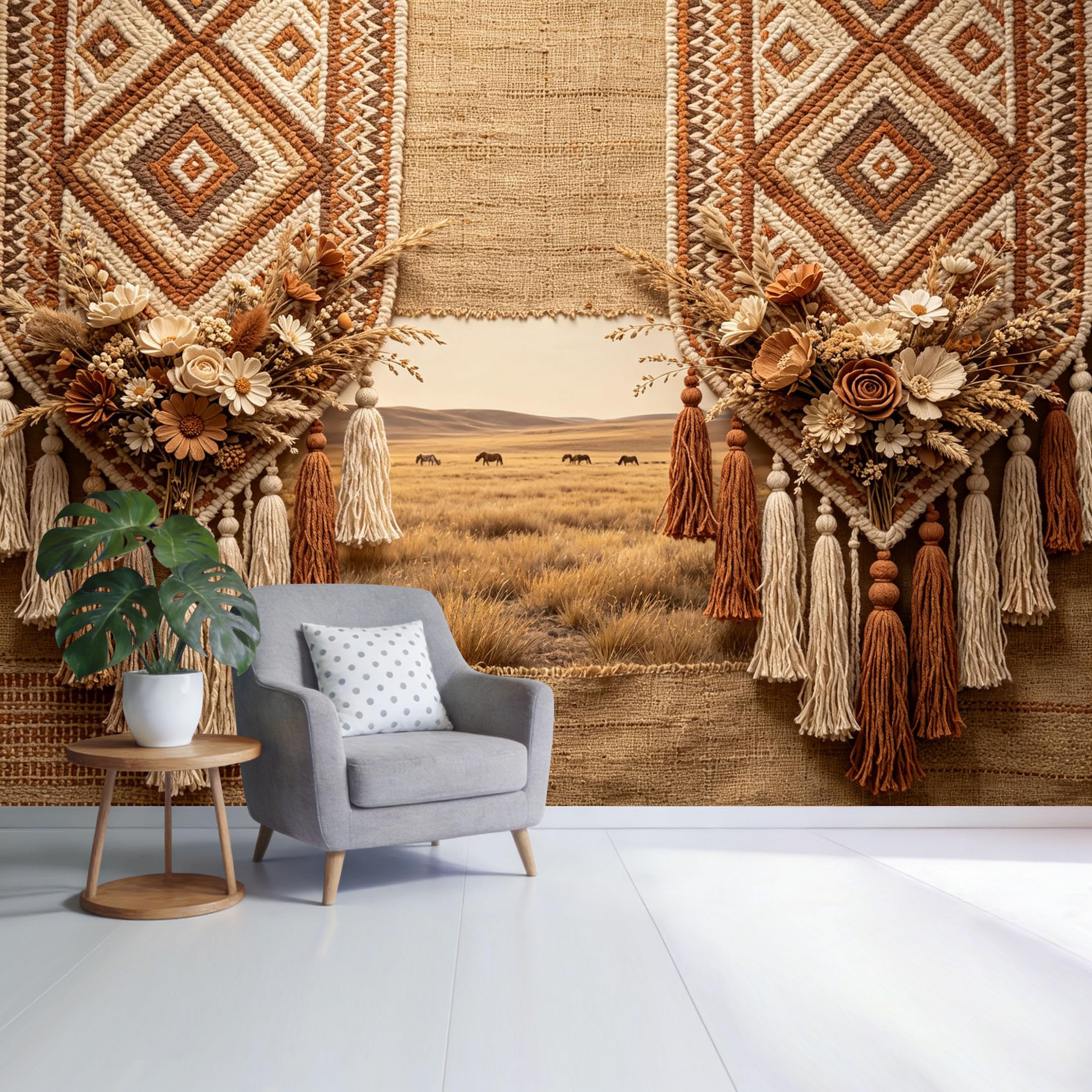 Custom Size Wall Mural Bohemian Macrame Floral Tassel Rustic Landscape SelfAdhesive Wall Fabric Removable Wallpaper for Home Office Decor