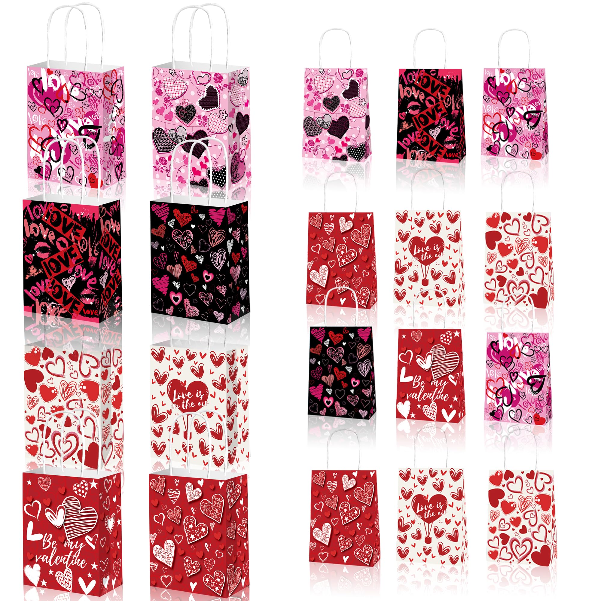 KIPETTO Valentines Gift Bags 12Pcs Valentines Day Paper Bags with Handles Love Heart Shaped Treat Goodies Bag for Valentines Day Party Favors Class Baggies Pouch