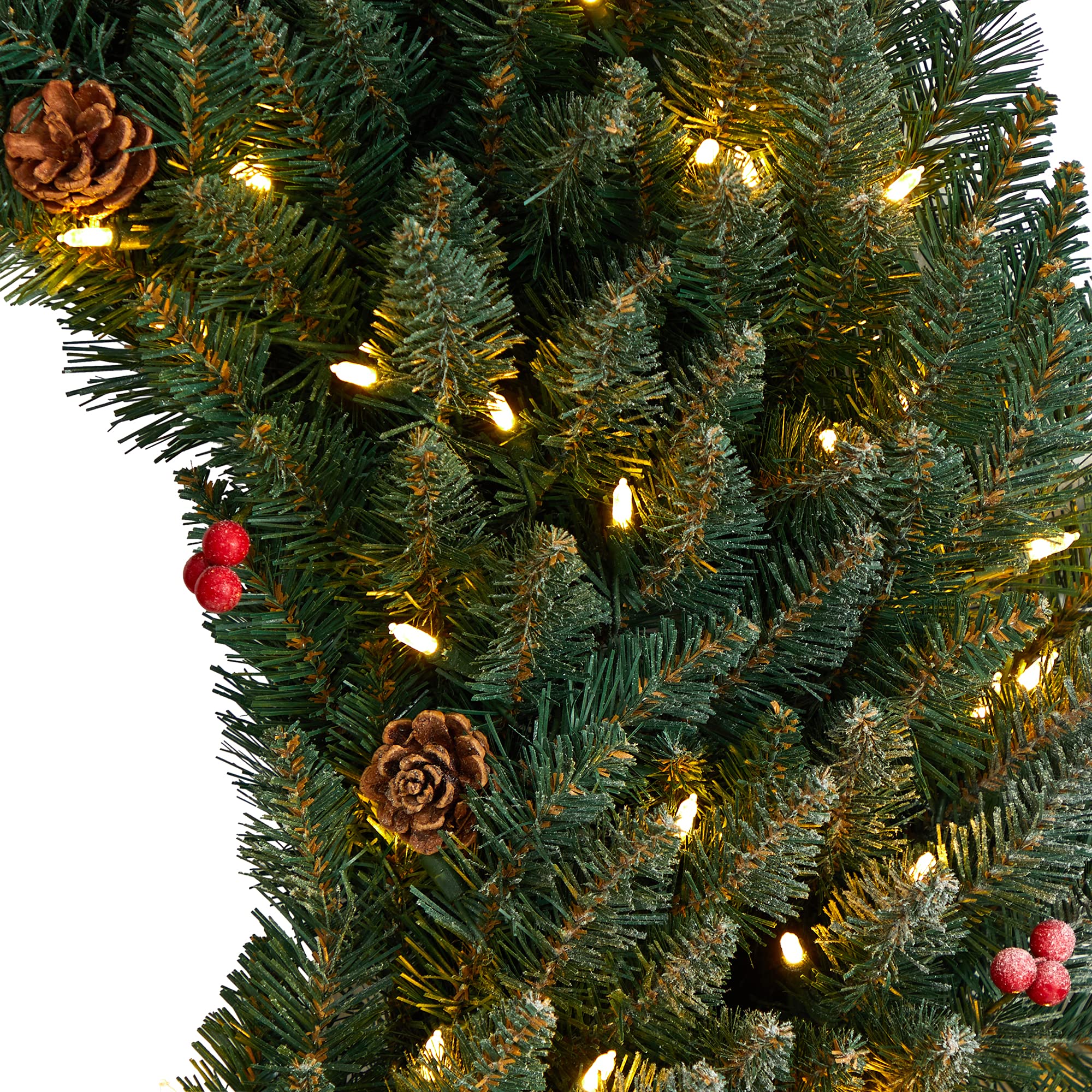 Nearly Natural 1,2 m großer beflockter künstlicher Weihnachtskranz mit Tannenzapfen, Beeren, 150 klaren LED-Lichtern und 400 biegbaren Zweigen
