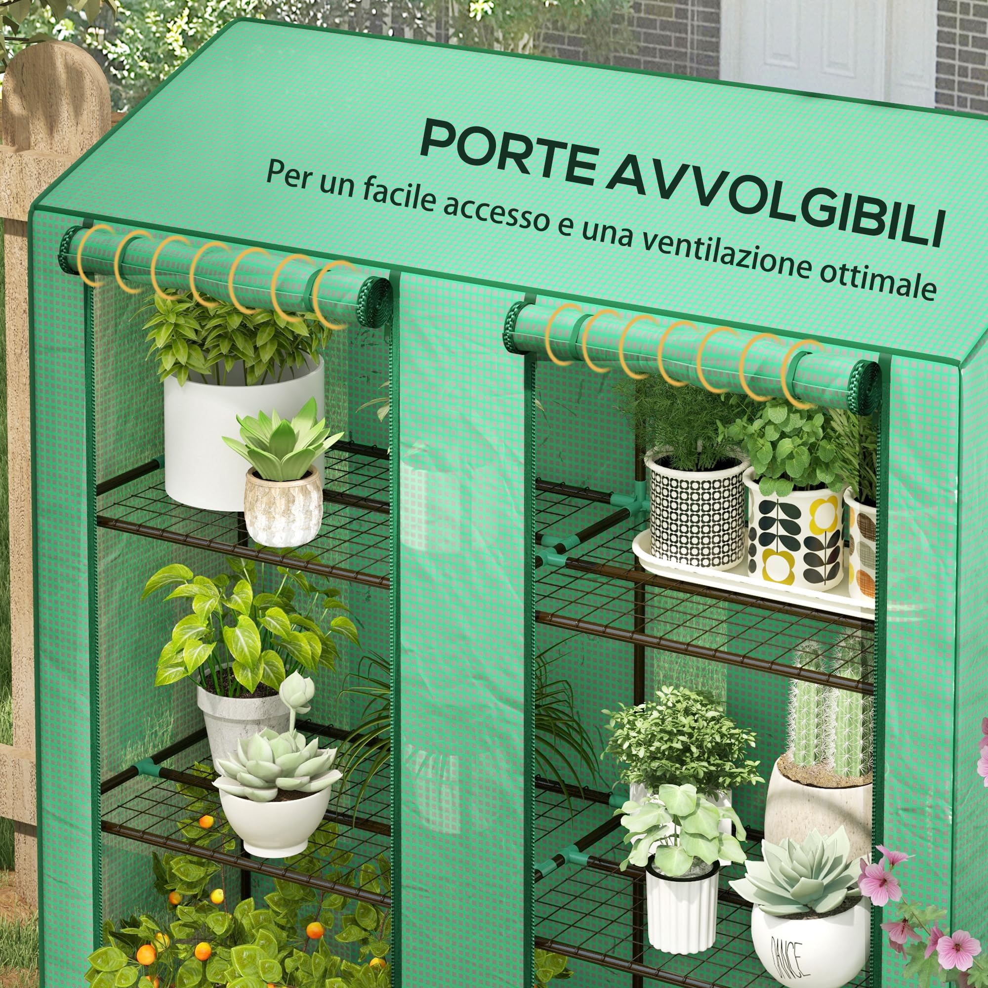 Outsunny Serra da Giardino con Copertura in PE e 6 Mensole a Rete, Serra Addossata da Balcone con 2 Porte Avvolgibili, 143x46x151cm, Verde