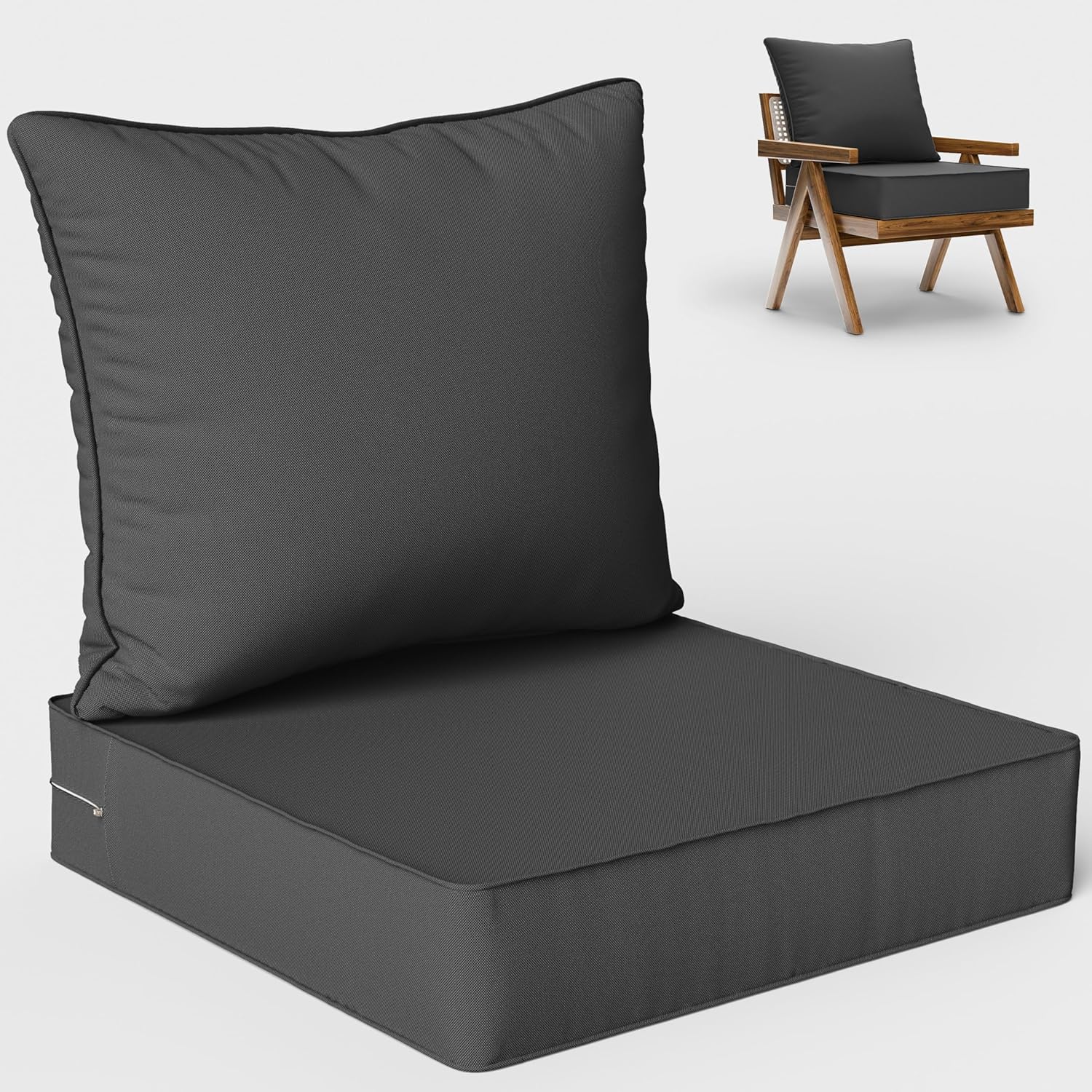 Outdoor Seat Cushion Set 24 L X 24 W X 5 H Inch Waterproof & Fade Resistant Patio Furniture Cushions with Removable Cover with Non-Slip Pads and Straps for Sofa Chairs, Chairs 24 L X 24 W X 5 H Inch Grey