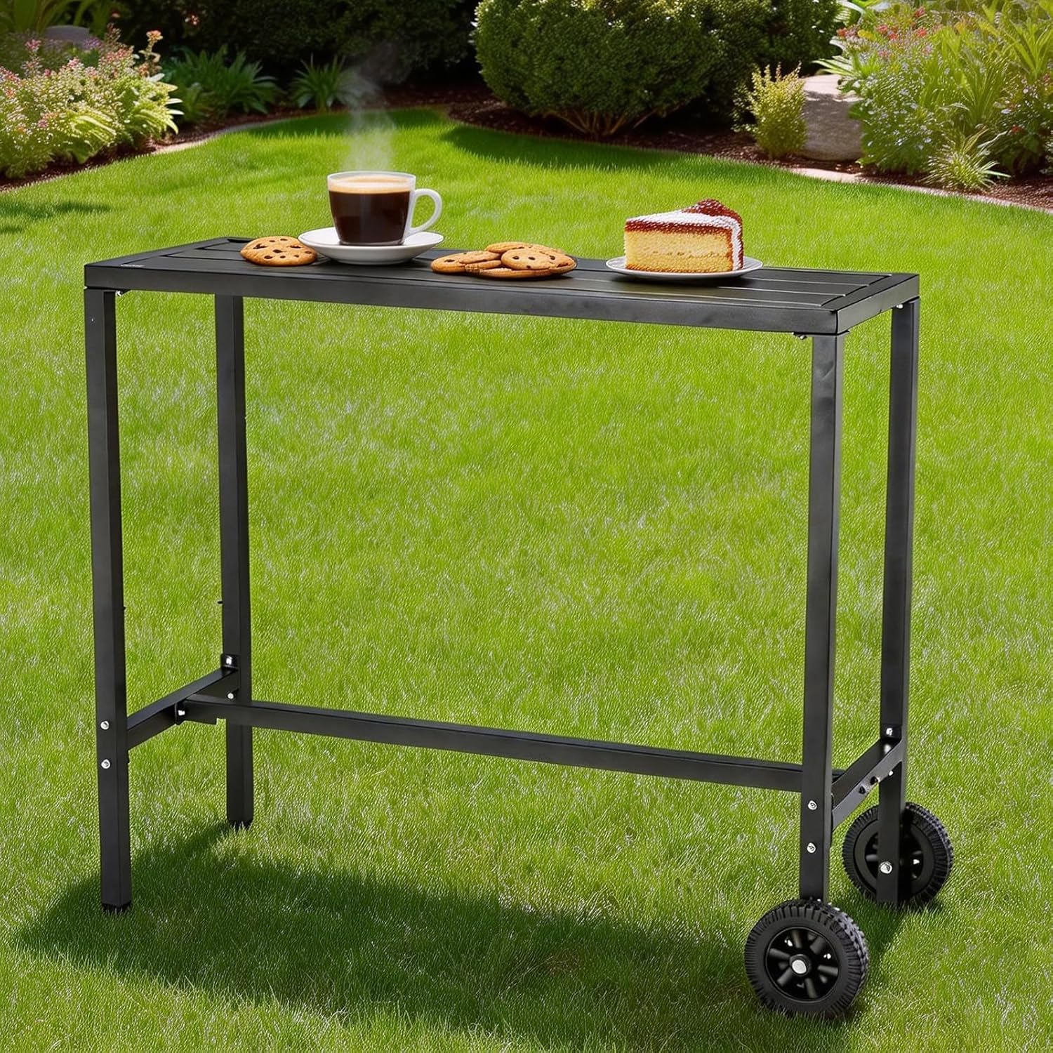 Garvee Outdoor Bar Table, 39 inch Counter Height Table with Wheels & Adjustable Leveling Feet,Bar Table for Kitchen, Home Bar, Patio, Balcony,Black