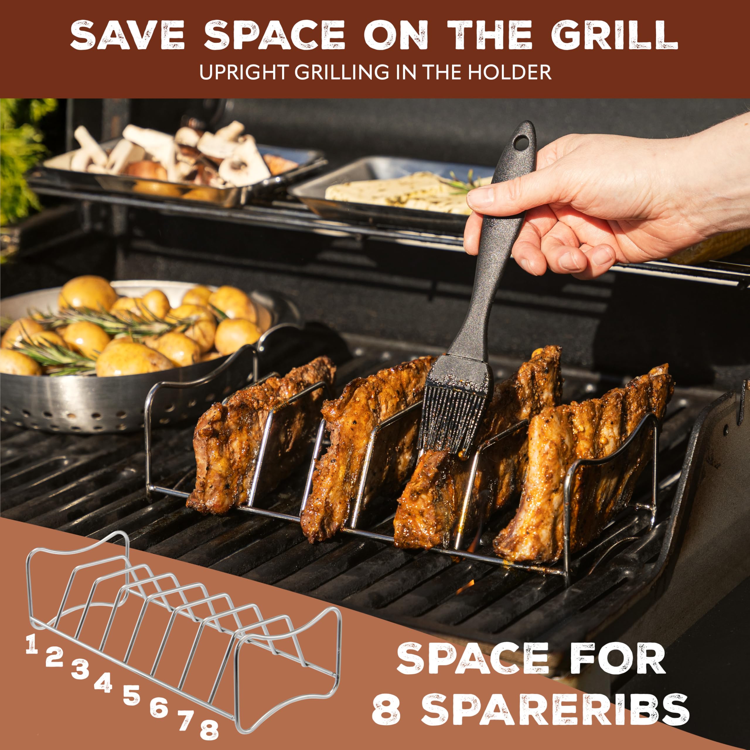 Bremermann Spare Ribs- & Bratenhalter, 2-in-1, Edelstahl Mit Bambusgriffen – Für Grill & Ofen