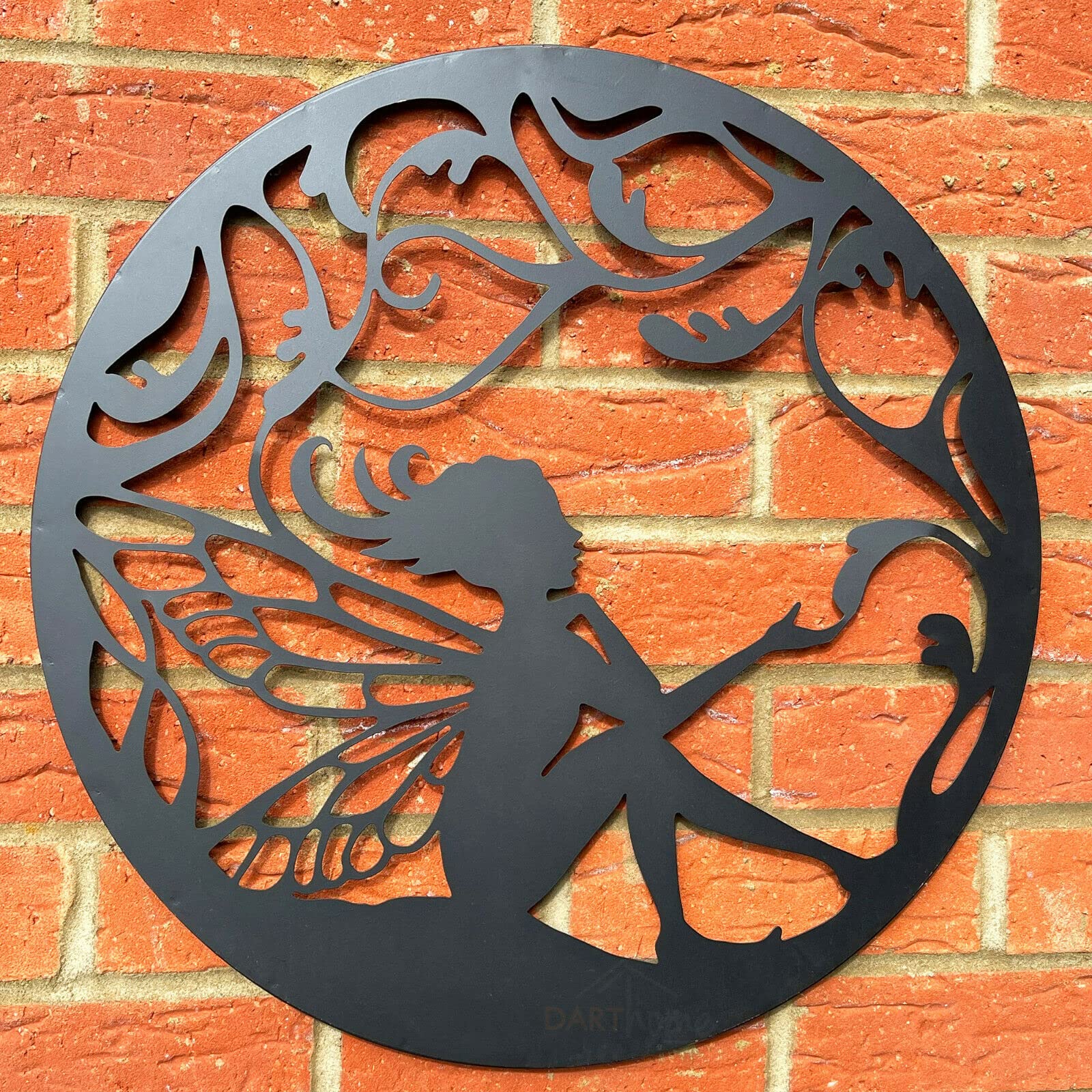Darthome Ltd Sitting Fairy Scene Garden Wall Art Metal Black Silhouette Round Fence Ornament 50cm x 50cm