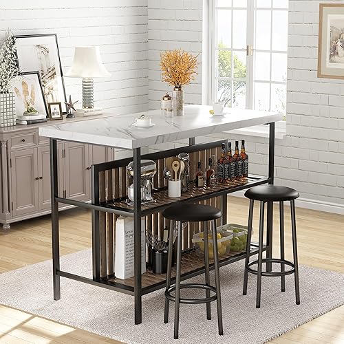 Miniatura 3 de Recaceik Juego de 3 pubs rectangulares, 2 taburetes de bar, mármol sintético, mesa moderna de altura de mostrador con almacenamiento, isla de cocina