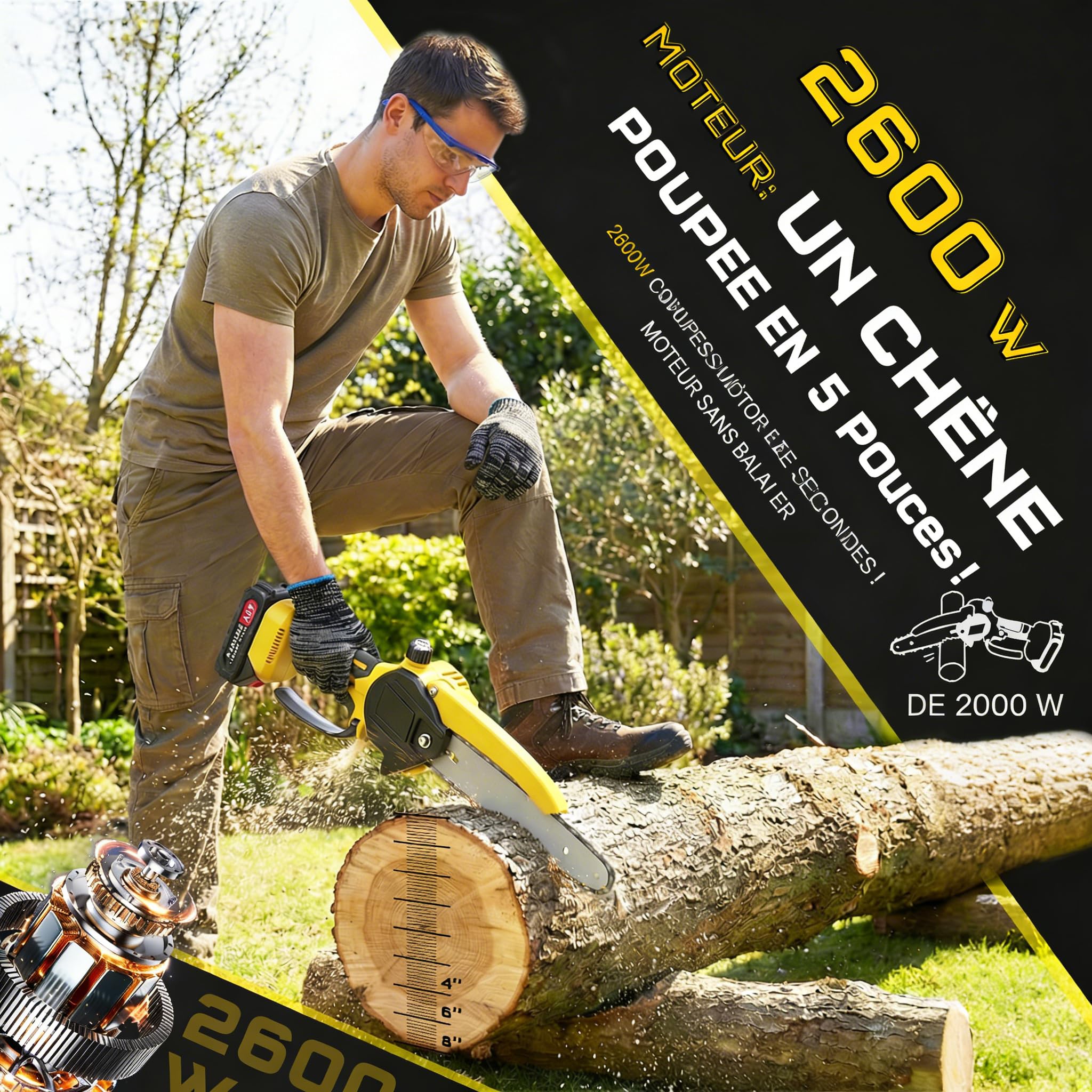 Taille-Haute Batterie 2 en 1, Tronçonneuse 6 Pouces et Taille-Haute Électrique avec 2×2.0Ah Batterie, Tige Télescopique Jusqu'à 1.72m, Taille-Haute pour Branches d'Arbres et Coupe de Bois