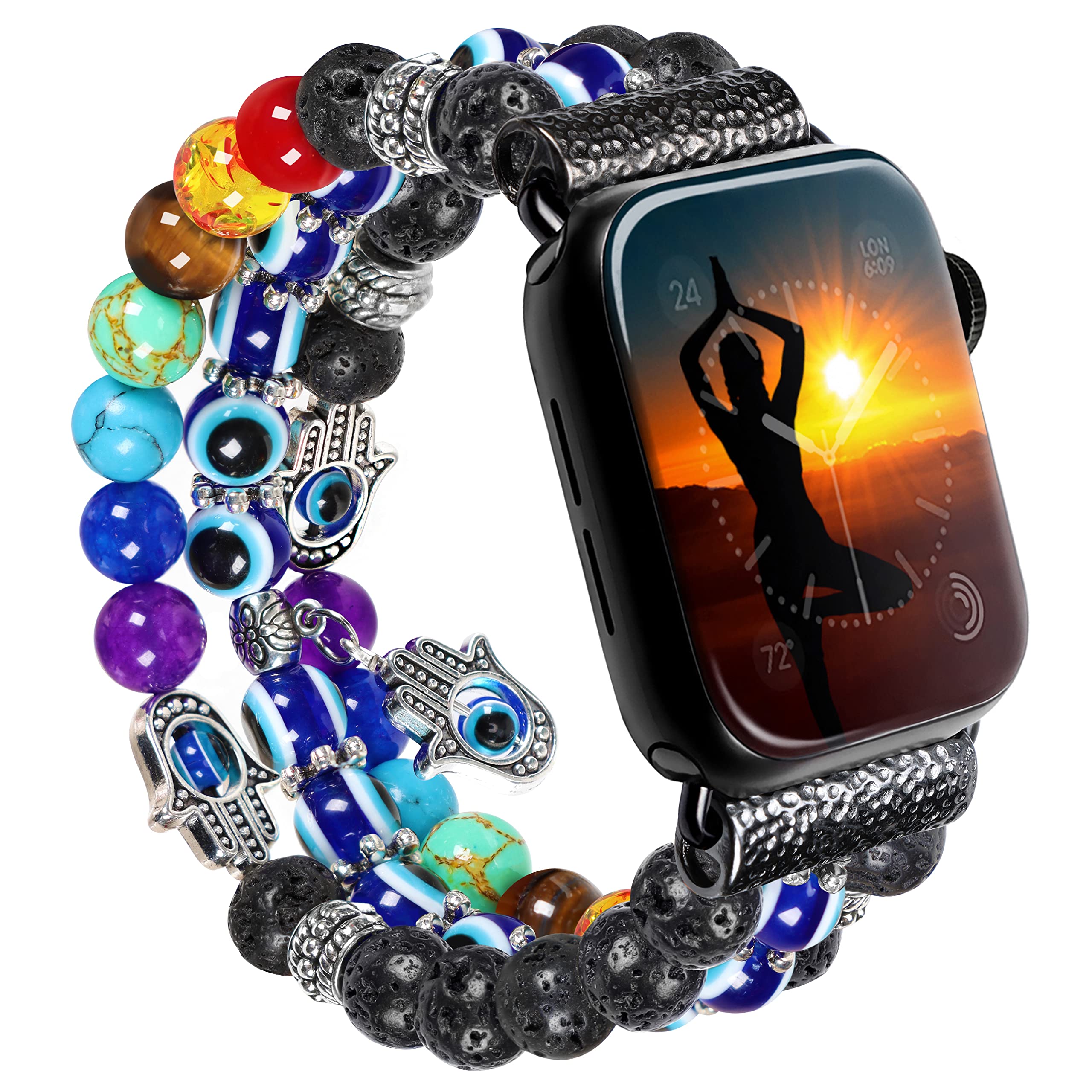 7 Chakra Healing Bracelet Lava Rock Protection Hamsa Hand Beaded Band Compatible with Apple Watch SE 6 5 4 3 2 1 iwatch 38mm 40mm 42mm 44mm with