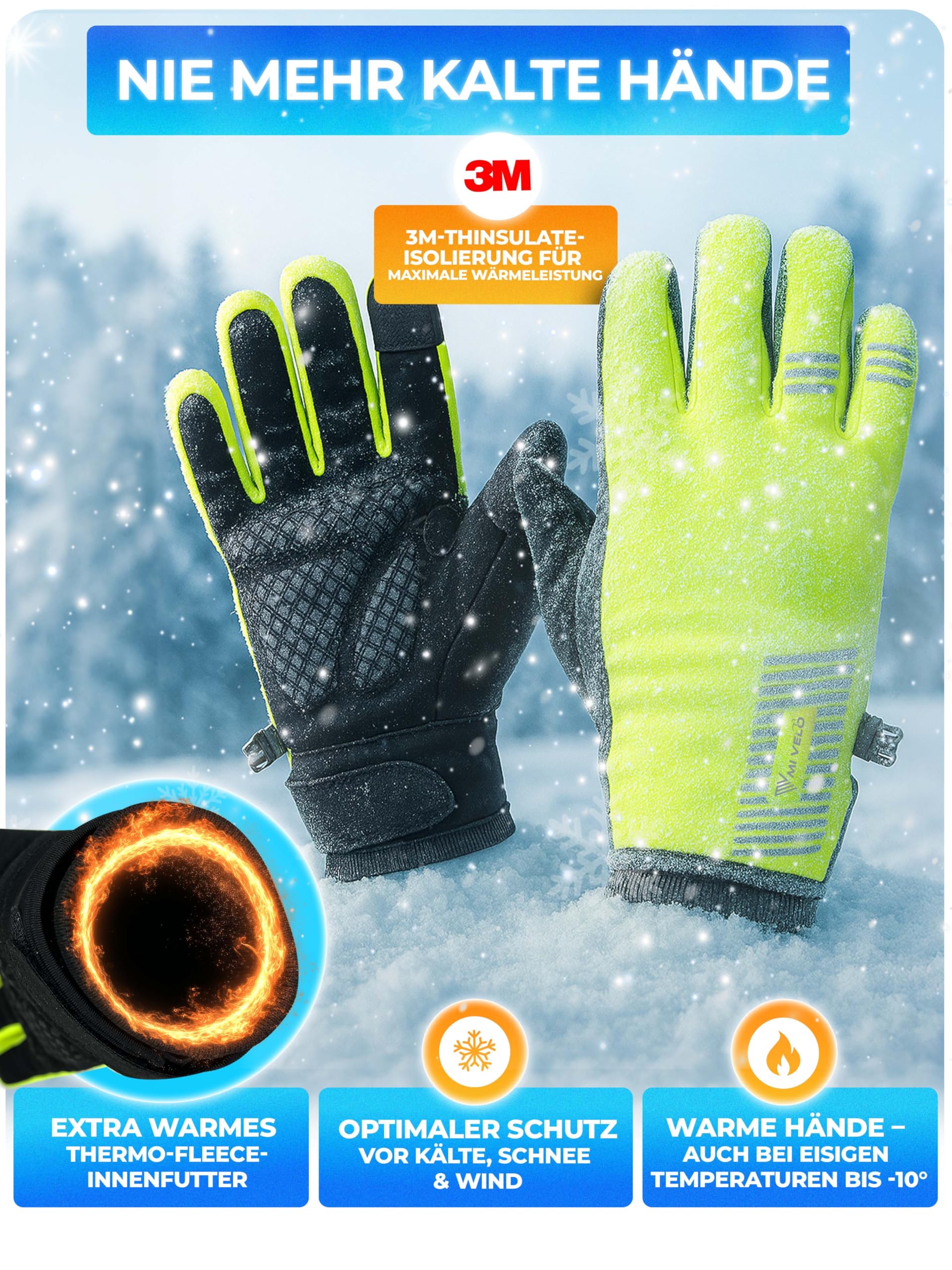 MIVELO Gants d'hiver coupe-vent et imperméables - Gants chauds avec isolation 3M pour homme et femme - Gants de cyclisme avec fonction écran tactile - Antidérapants et respirants