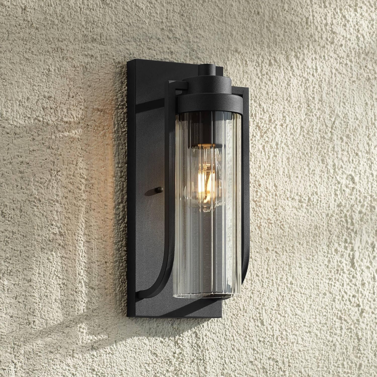 Possini Euro Design Bogata Modern Outdoor Wall Light Fixture Textured Black Steel 15 1/2" Clear Ribbed Cylinder Glass for Exterior House Porch Patio Outside Deck Garage Yard Front Door Garden Home