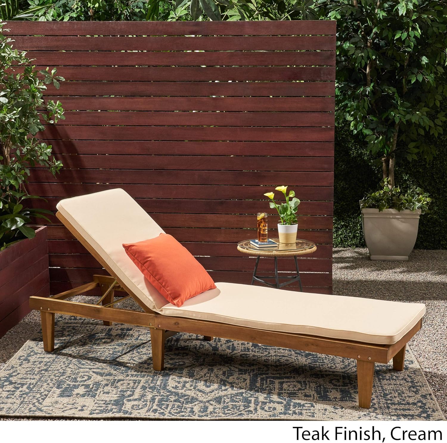 Great Deal Furniture Yvette Outdoor Acacia Wood Chaise Lounge and Cushion Set, Teak and Cream, 309788
