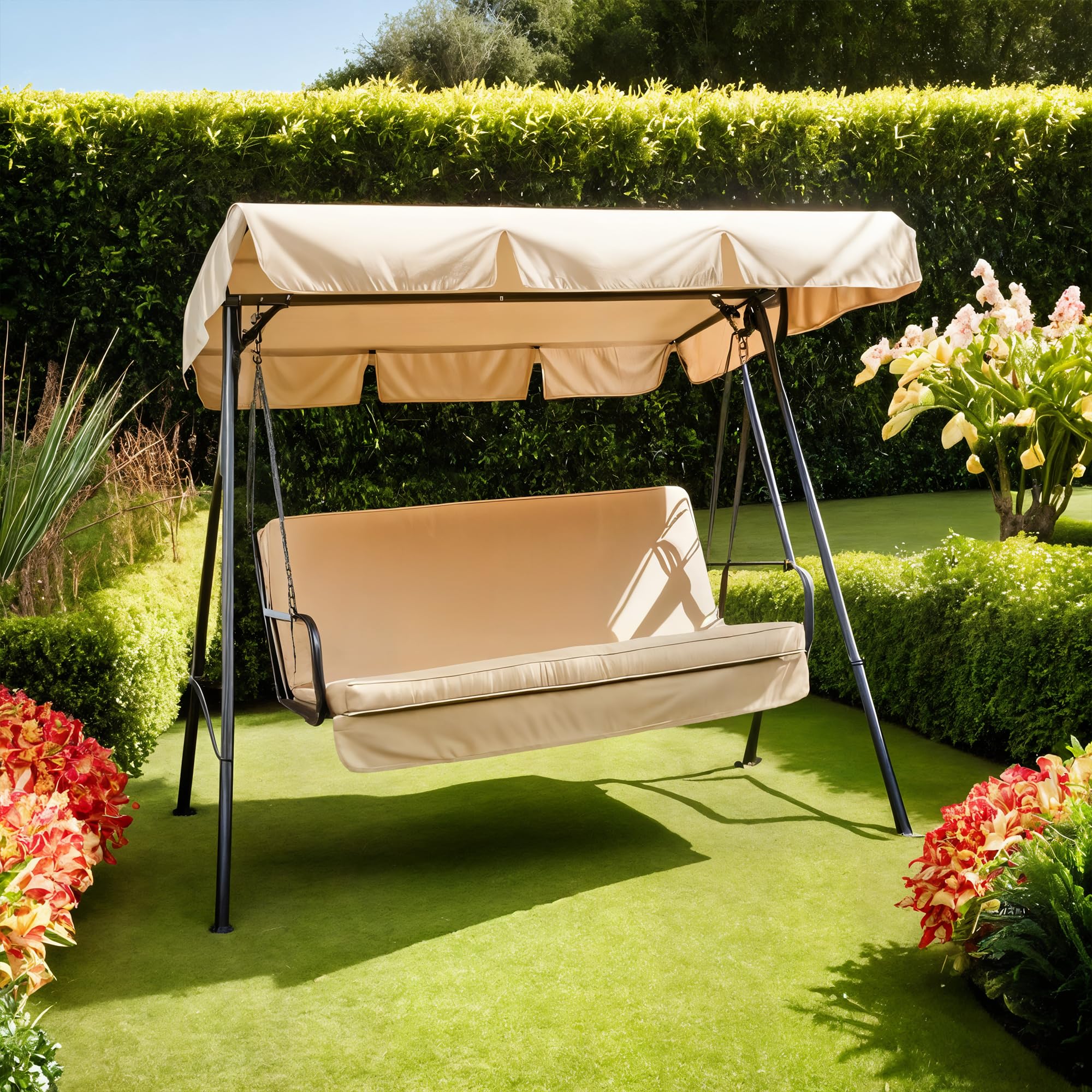 Sicignano | Set Cuscino per Dondolo da Esterni – Telo Parasole Incluso, Cotone/Poliestere con Imbottitura in Poliuretano Espanso, Ideale per Giardino Terrazza Veranda (Ecrù, 4 posti, 165x50x60h cm)
