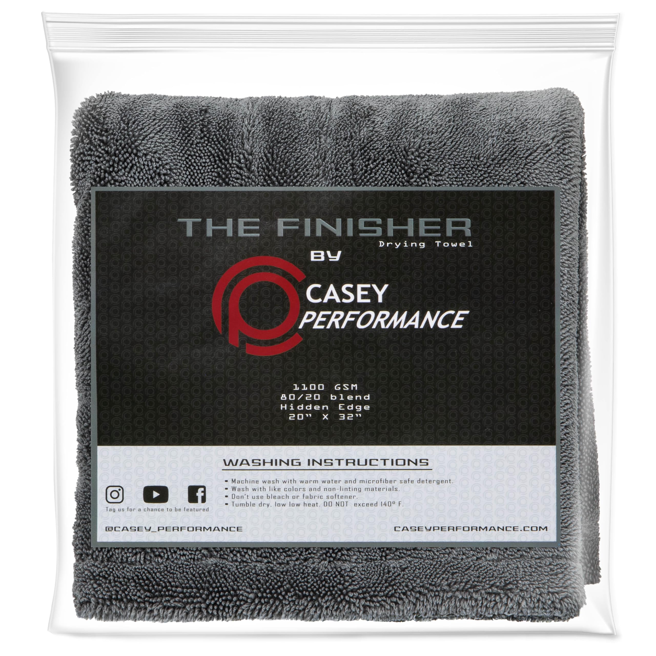 Casey Performance Car Drying Towel - The Finisher Microfiber Towel, 80/20 Blend, Water Absorbent and Scratch-Free Cleaning Cloths with a Hidden Edge, Dries Quickly and Efficiently (20''x32'')
