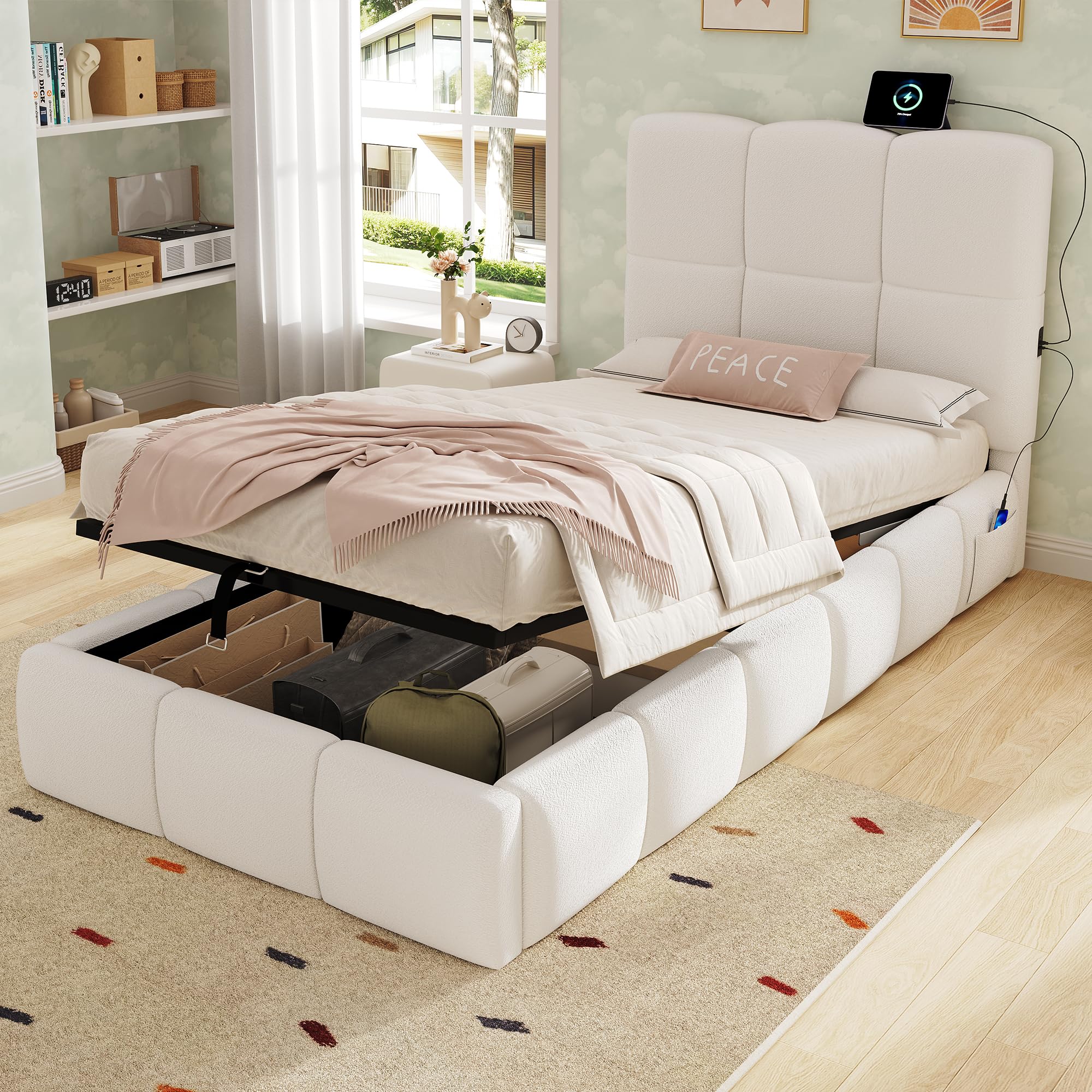 Merax 3FT Upholstered Single Bed 90x190cm for Children, Bouclé Hydraulic Storage Bed with USB & Type-C Charging, Large Ottoman Storage Bed Frame, Padded Headboard & Rounded Edges, Beige-No Mattress — image 1