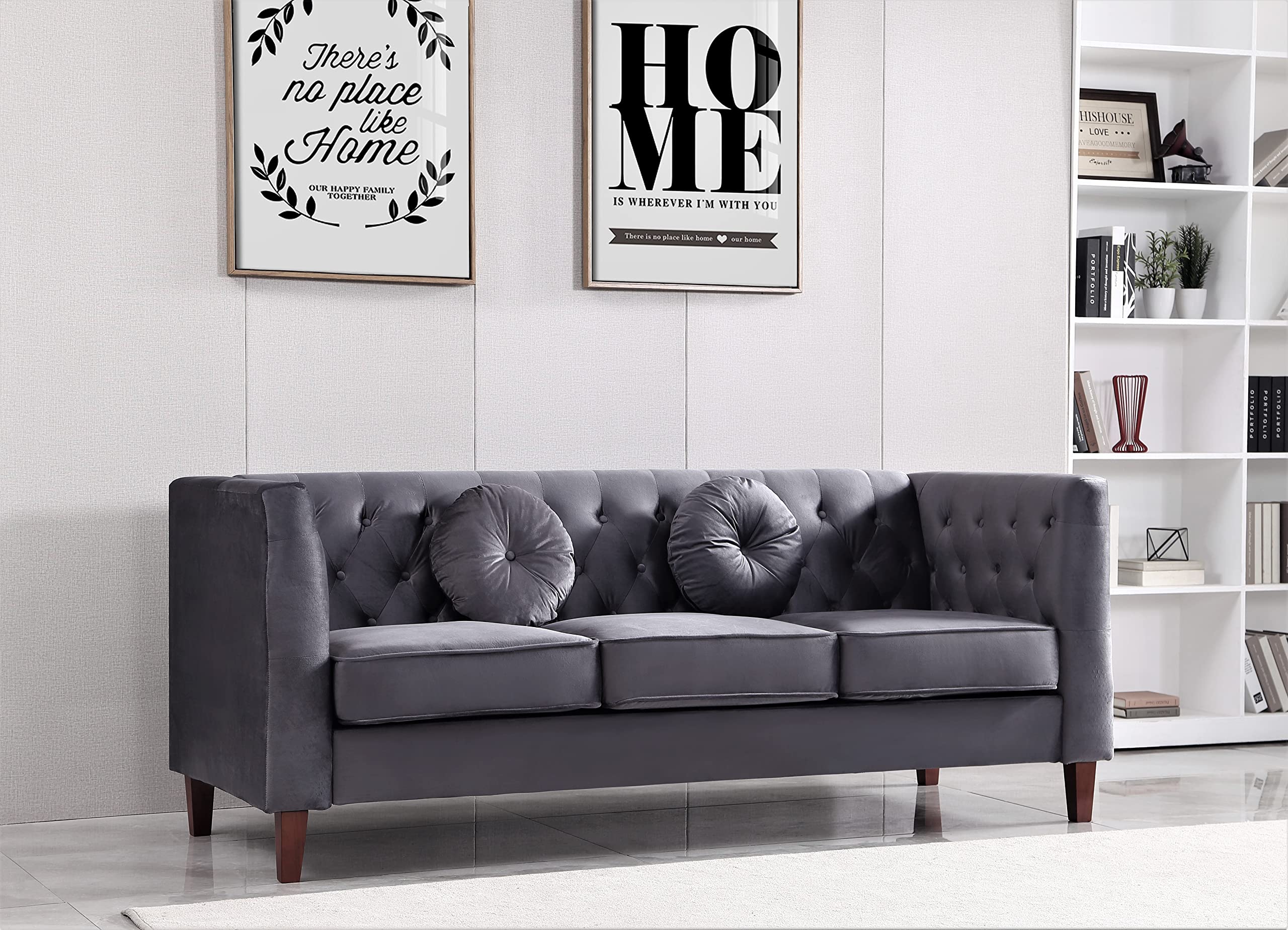 - Kittleson Classic Chesterfield Velvet Sofa with Elegant Button Tufted Backrest, Square Legs, High-Density Foam & Accent Pillows, 3 Seater Couch for Living Room, Sofa, Grey