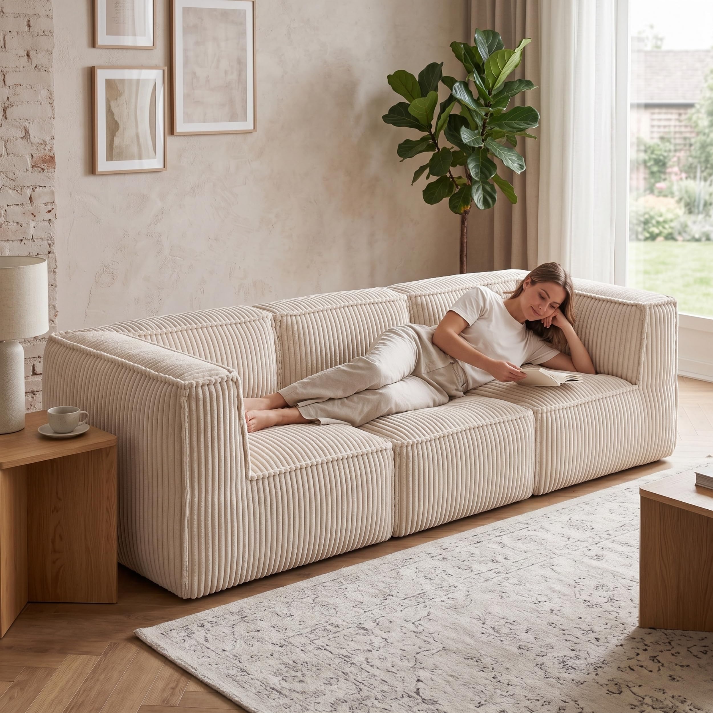 bananair-Canapé Modulable 3 Places avec Accoudoirs,Déhoussable, Blanc cassé