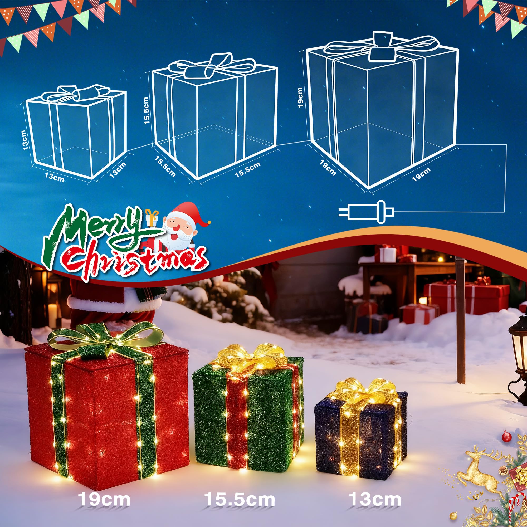 iBaycon Coffrets Cadeaux Lumineux De Noël,Blanc Chaud 160 LED Lot De 3 | Led Coffrets Cadeaux Avec Minuterie Prise de Courant,Décorations De Noël ,Éclairage d'Extérieur Jardin Pelouse Cour