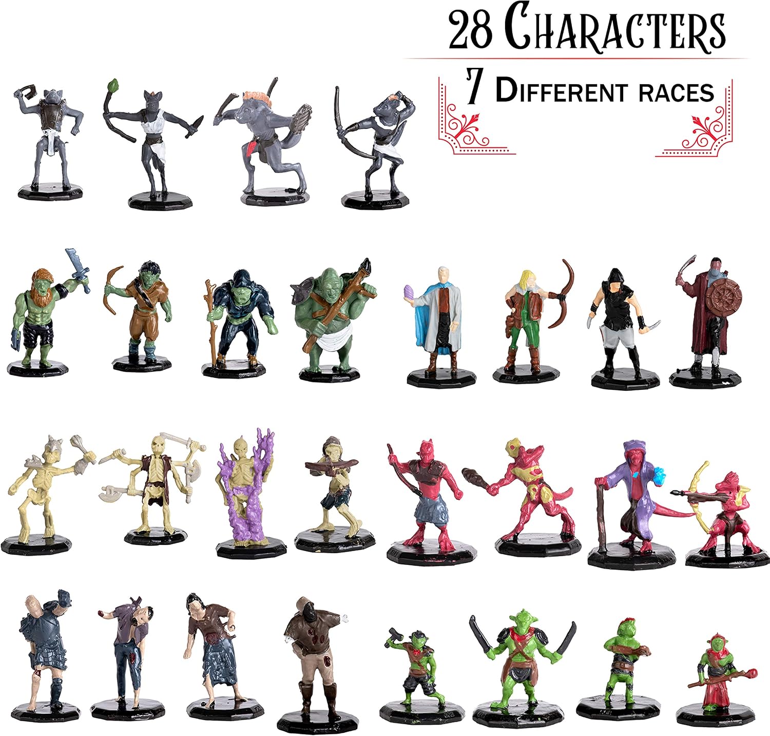 28 Painted Fantasy Mini Figures- All Unique Designs- 1" Hex-sized Compatible with Dnd, D&D Dungeons and Dragons, Pathfinder, and RPG Tabletop Games- Features Goblins, Orcs, Gnolls, Skeletons & More…