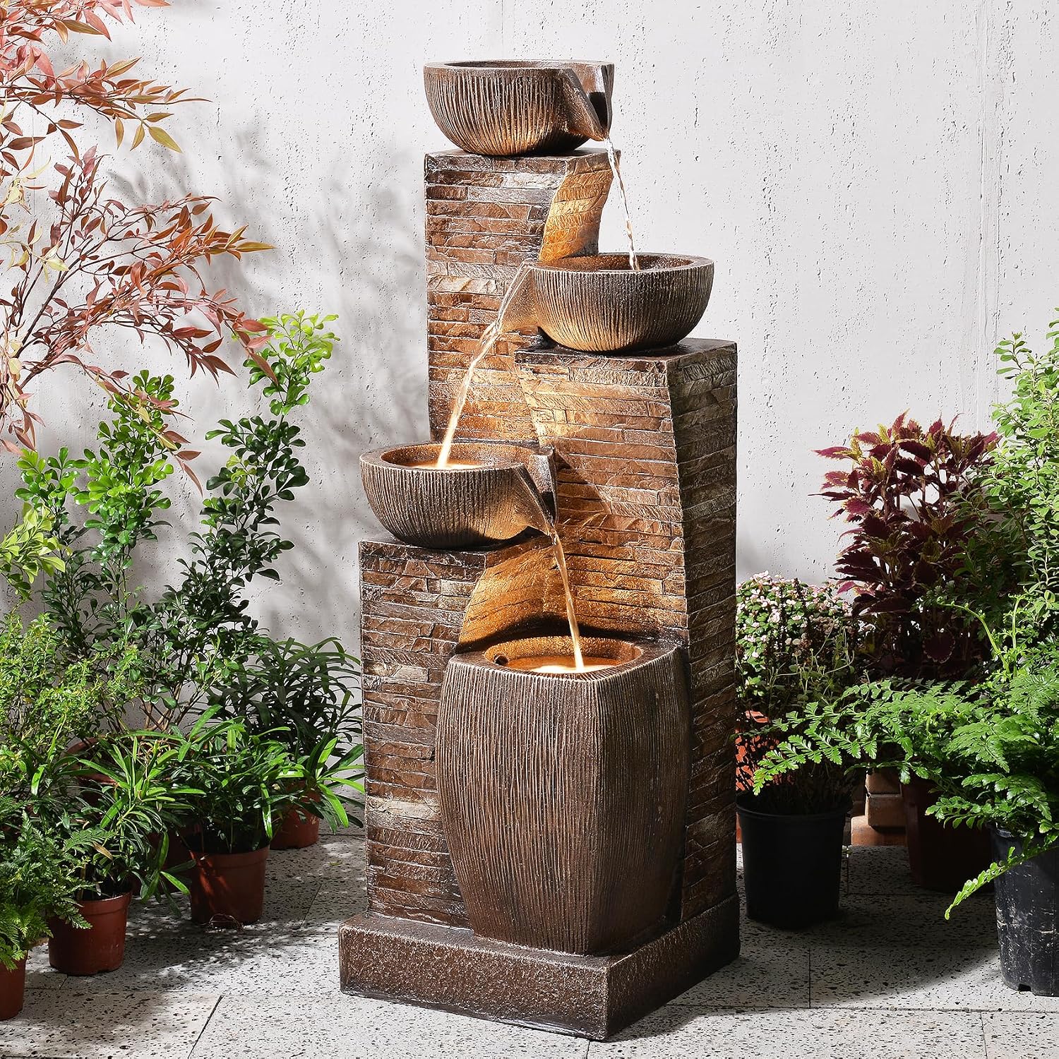 38.2" Tall Water Fountain Outdoor Garden,4 Tiers Modern Cascading Bowls and Stacked Stones Indoor Fountains with LED Lights for Patio, Deck, Porch, Backyard and Home Art Decor(Reddish-Brown