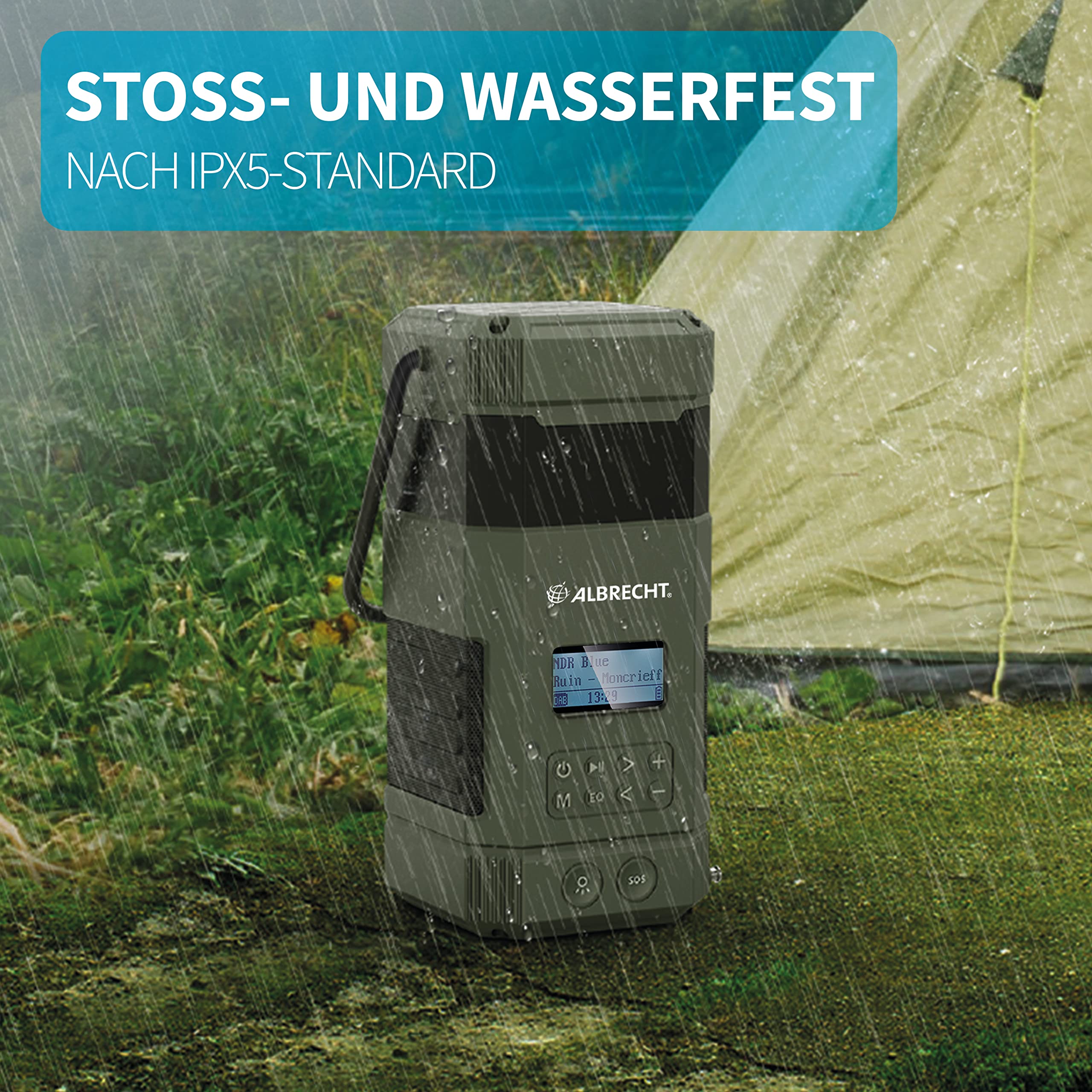 Albrecht DR 114, tragbares DAB+/UKW Outdoor Kurbelradio, 27912, SOS-Notruf, Campinglampe, Taschenlampe, Solarmodul, PowerBank, IPX5 Wasserschutz