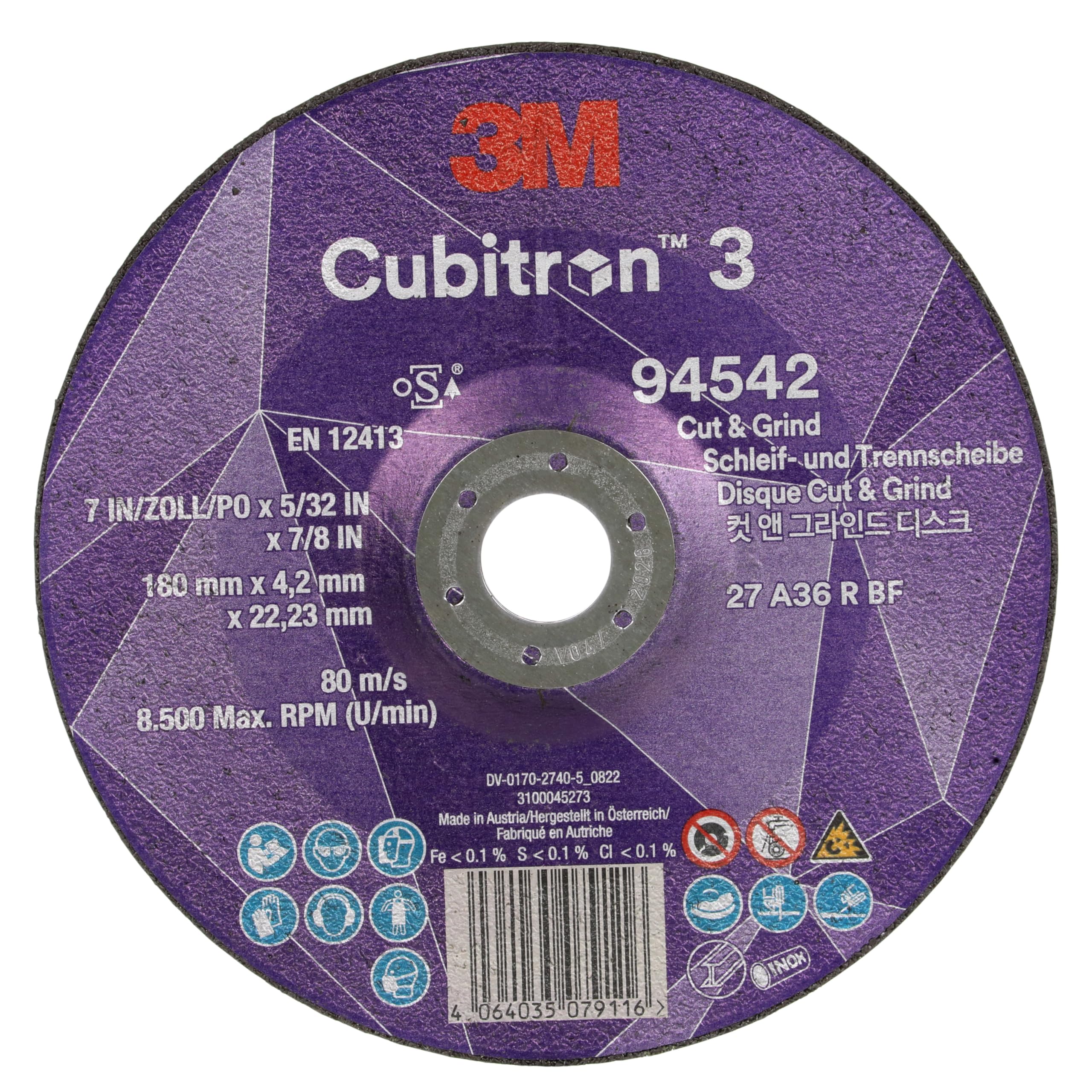 Immagine del prodotto: Disco ibrido da taglio e sbavo 3M Cubitron 3, 94542, 36+, T27, 180 mm x 4.2 mm x 22.23 mm, EN, 10/Pack, 20 pz/cartone · Taglia 180 mm x 4.2 mm x 22.23 mm · Colore Nero