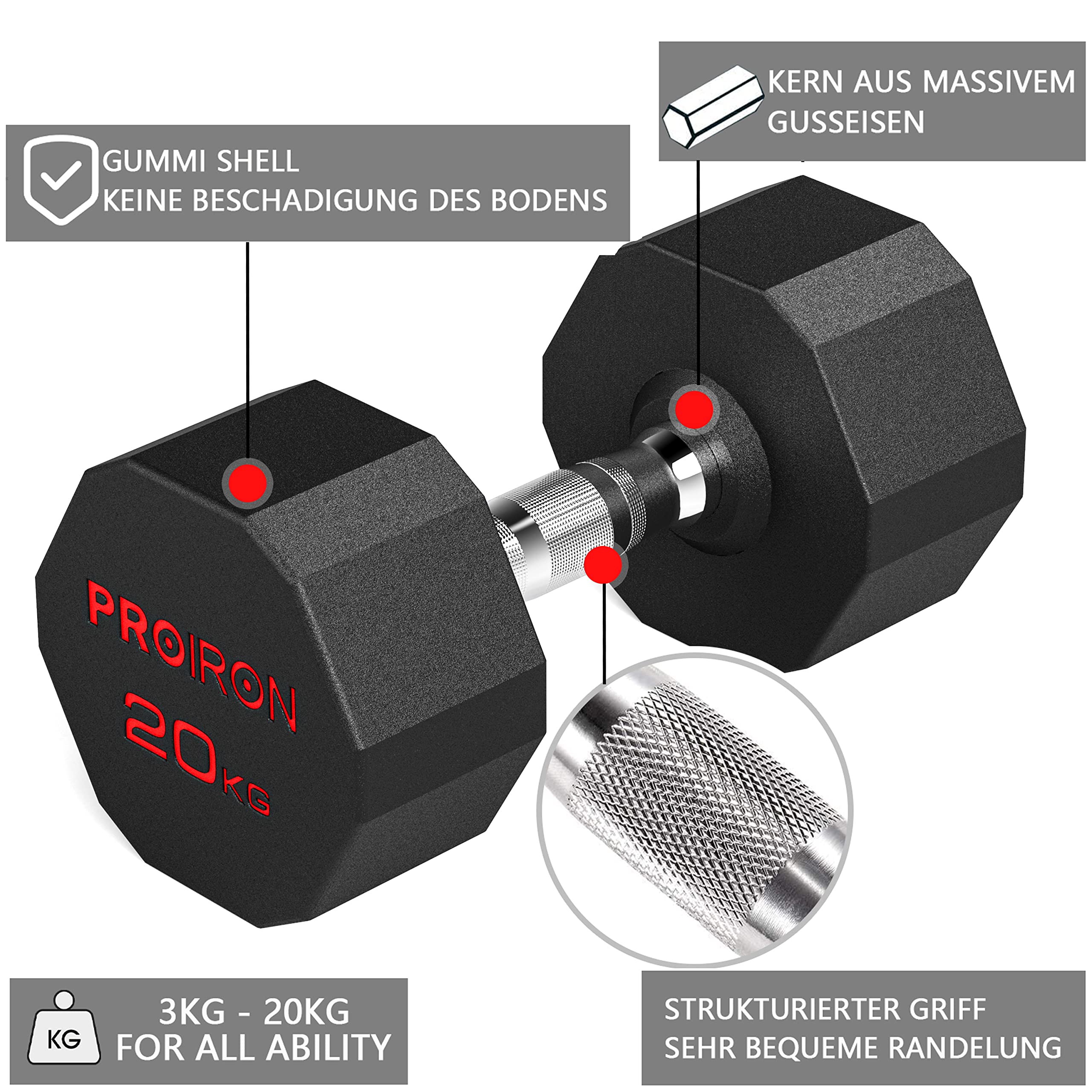 PROIRON Geruchlose Hexagon Hanteln Mit Stahlkern, Kurzhanteln 12-seitiges Einzigartiges Design Langlebig und Strapazierfähig für Das Tägliche Krafttraining (3Kg 5Kg 8Kg 10Kg 12Kg 16Kg 20Kg 24Kg)