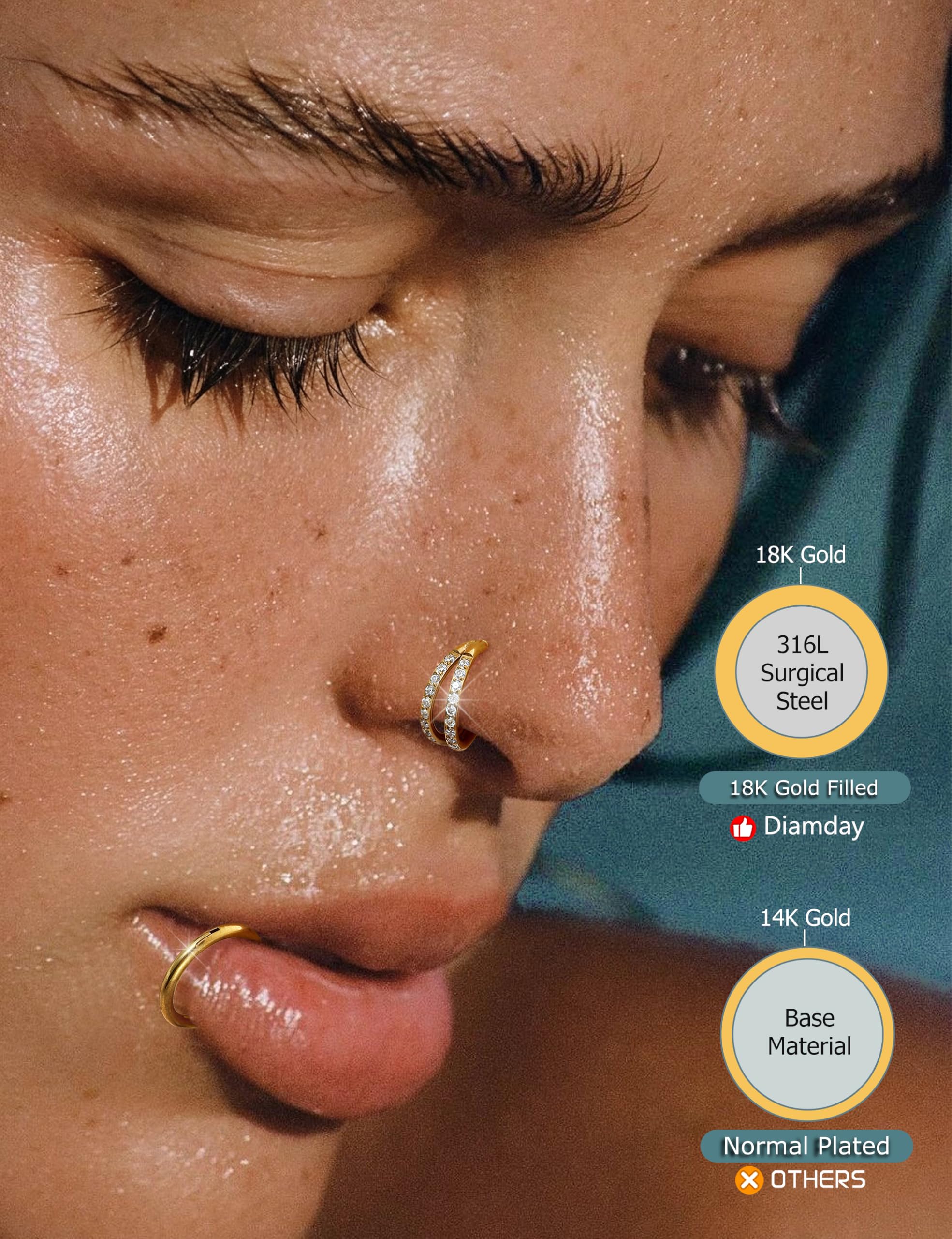 Diamday 5Pcs 18G 16G Surgical Steel Nose Rings Hoop for Women CZ Clicker Hinged Septum Ring Lip Helix Cartilage Double Hoop Earring Daith Rook Conch Body Piercing Jewelry for Women 8mm 10mm