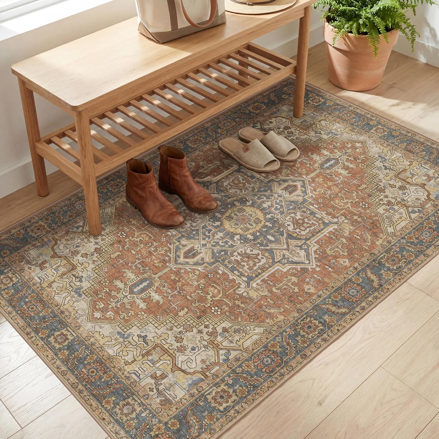 2x3 Washable Small Front Door Terracotta with Vintage Orient Design, Soft Rug for Entryway or Kitchen, Non-Slip Low Pile Stain Resistance Features, Distressed Medallion Pattern