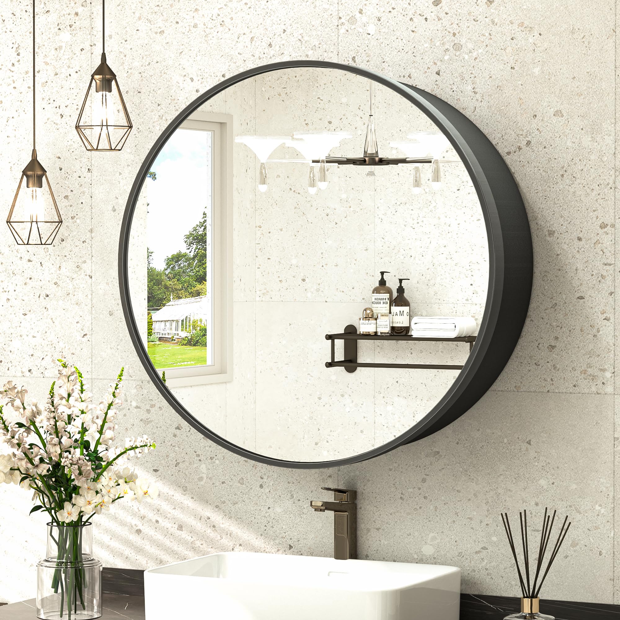 TokeShimi 20 Inch Round Black Medicine Cabinet for Bathroom with Vanity Mirror Small Metal Framed Bathroom Mirrored Cabinet for Wall Mounted Only Circle Farmhouse Medicine Cabinet Removable Shelves