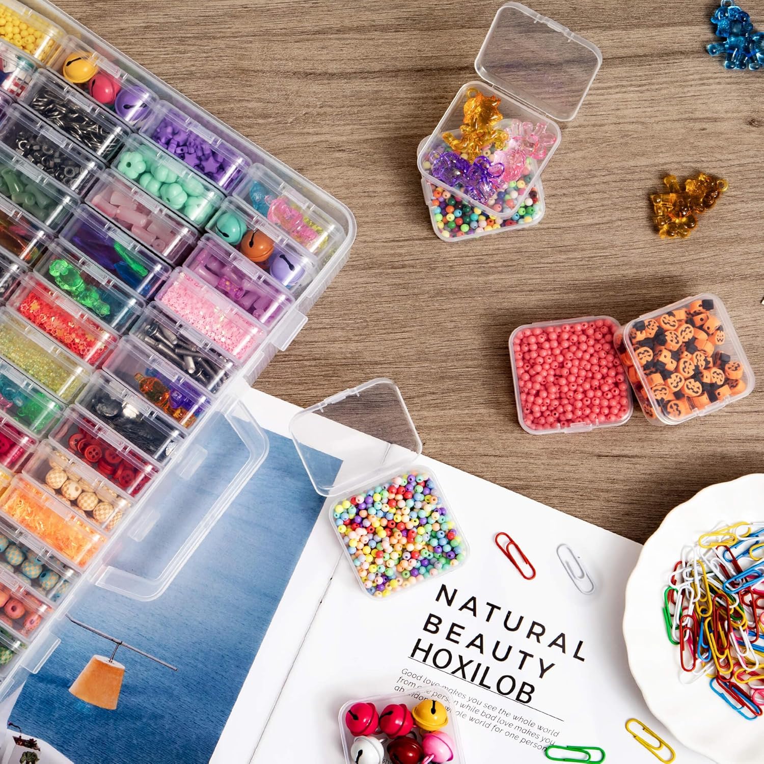 Bead Organizer Box, 120 Pack Small Clear Storage Boxes with Labels, Large Travel Craft Case with Handle, Mini Plastic Containers for Jewelry Making Diamonds DIY Pony Bracelet Screws Seeds Small Parts