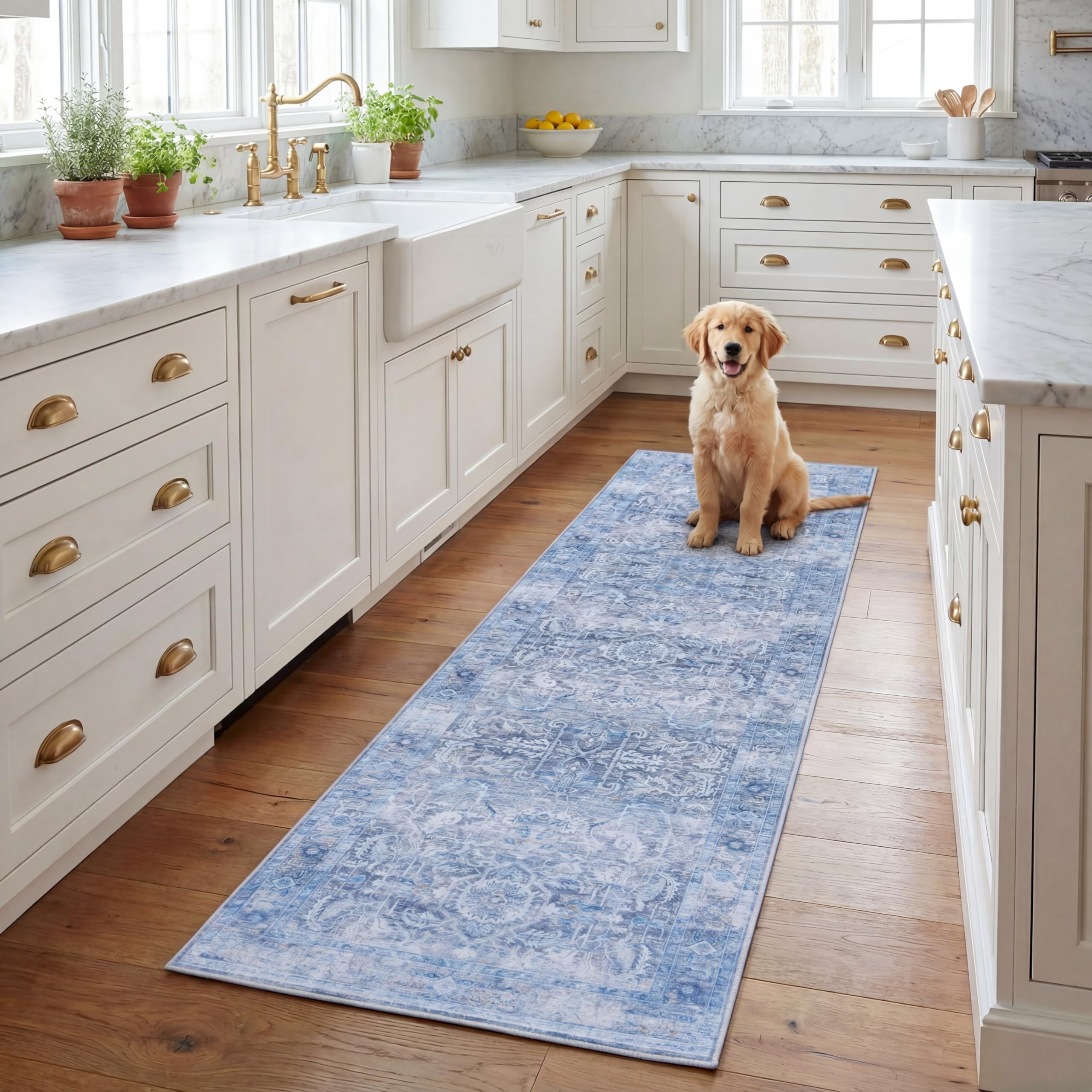 Tapis traditionnel à poil court bleu violet 76 x 244 cm lavable et antidérapant