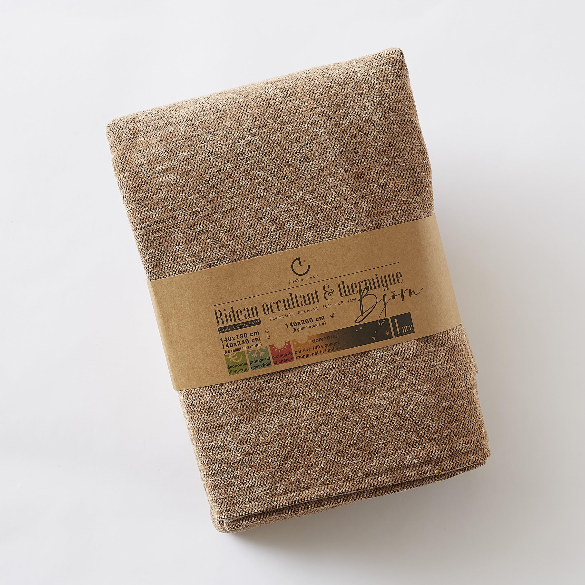 Rideau occultant phonique et Thermique doublé Polaire Galon fronceur Bjorn 100% Opaque Le Fil d'Ariane (Camel)