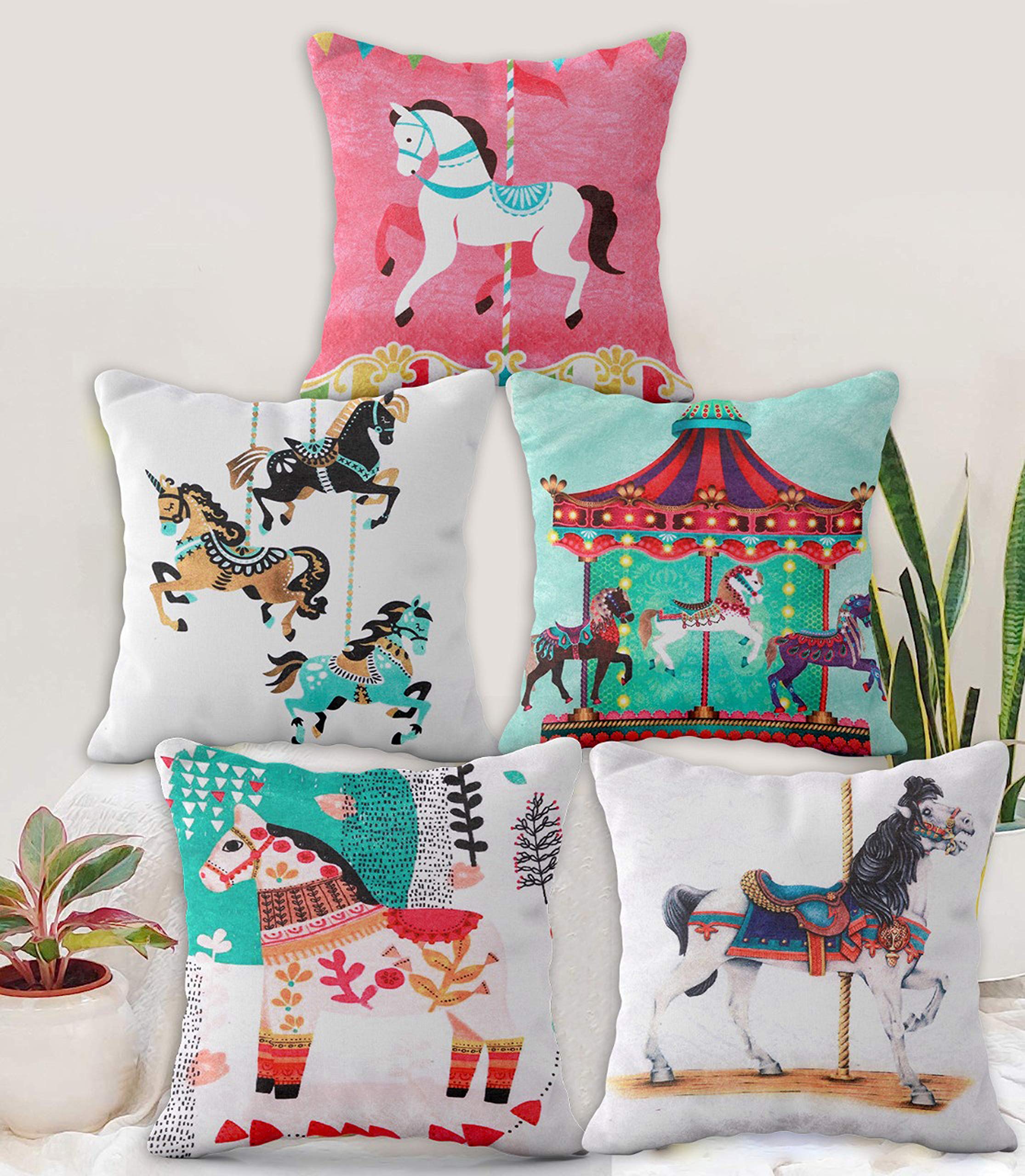 Blue Grass Digital HD Horse Print Velvet Cushion Cover - Set of 5 || Multi, 16x16 Inches