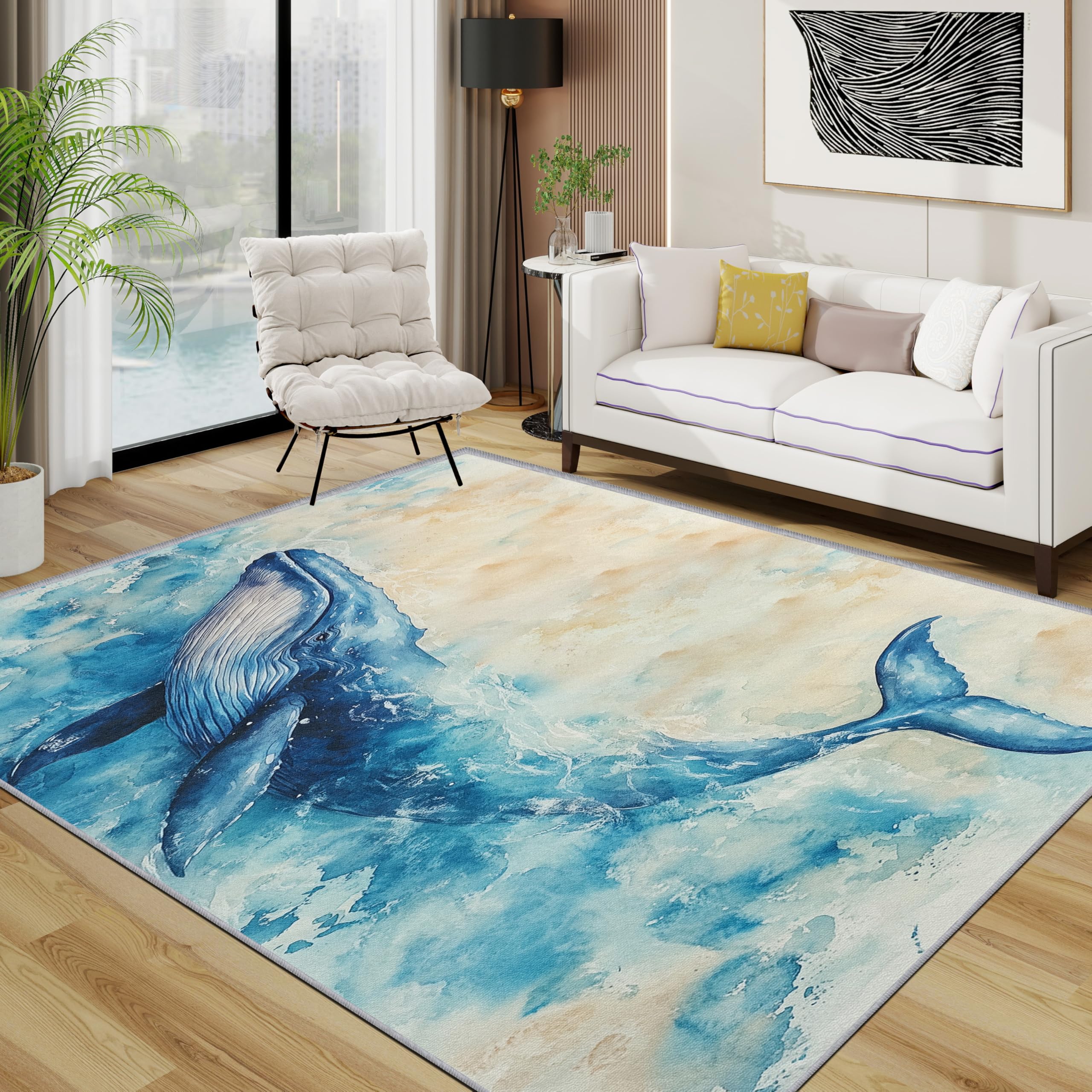TerroVee Whale Rug - Blue Ocean Nautical Animal Small Rugs for Bedroom 60x90, Sea Life Watercolor Floor Mat Soft Washable Non Slip Indoor Mats, Whale Room Decor