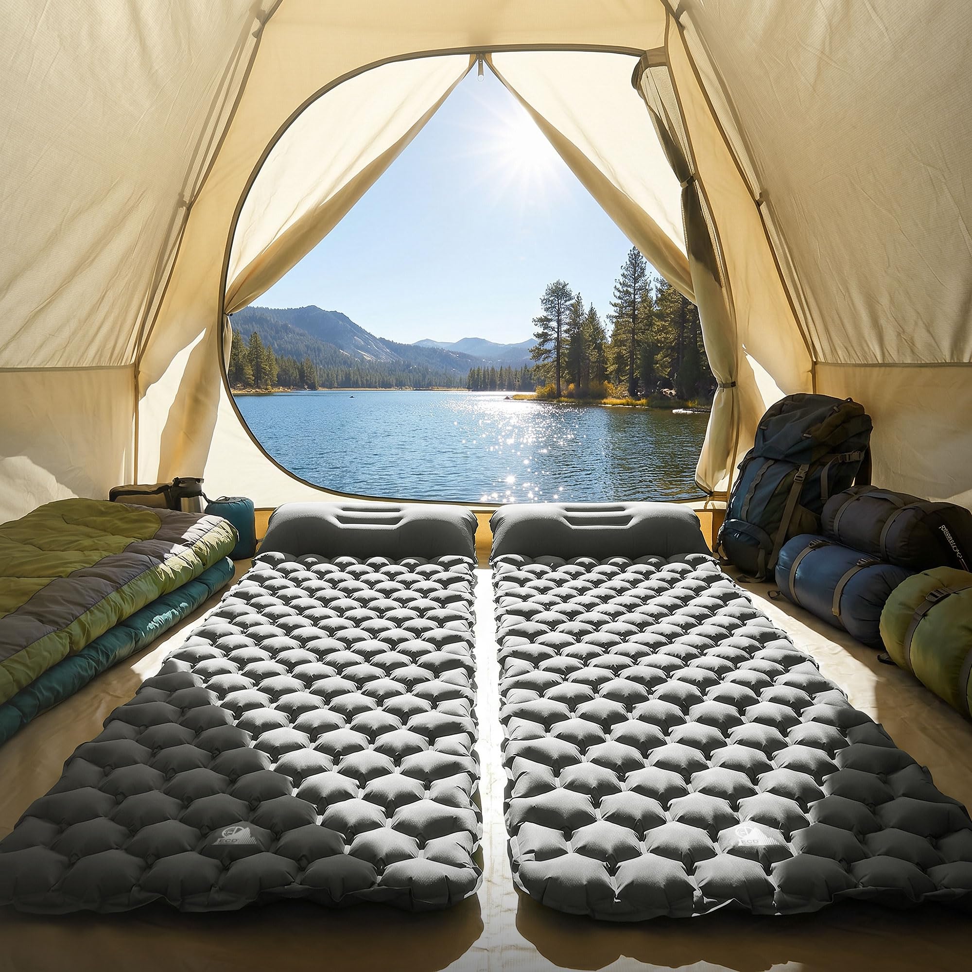 ECD Germany Colchoneta Camping Inflable Ultraligera, Esterilla Hinchable Portátil y Compacta con Almohada Integrada, Verde/Gris, Colchón Individual Plegable para Tienda de Campaña, Playa, Senderismo