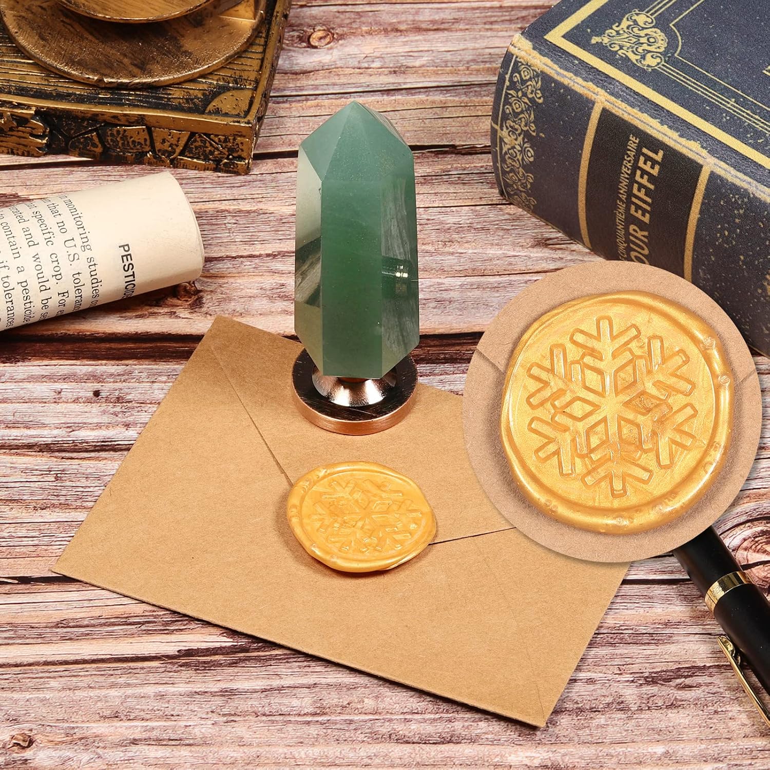 グリーンアベンチュリンクリスタル六角プリズムワックスシールスタンプ、取り外し可能なヴィンテージ銅シール、招待状カード用 結婚式 クリ