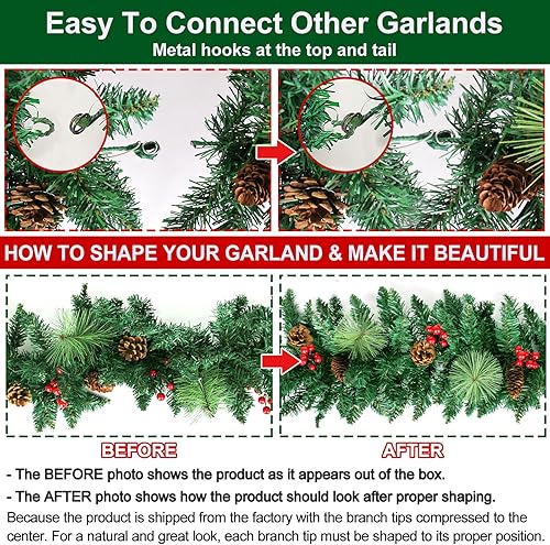 Miniatura 8 de Decoración navideña preiluminada de 9 pies con 100 luces  Guirnalda iluminada al aire libre para manto, escaleras, barandilla, árbol, chimenea