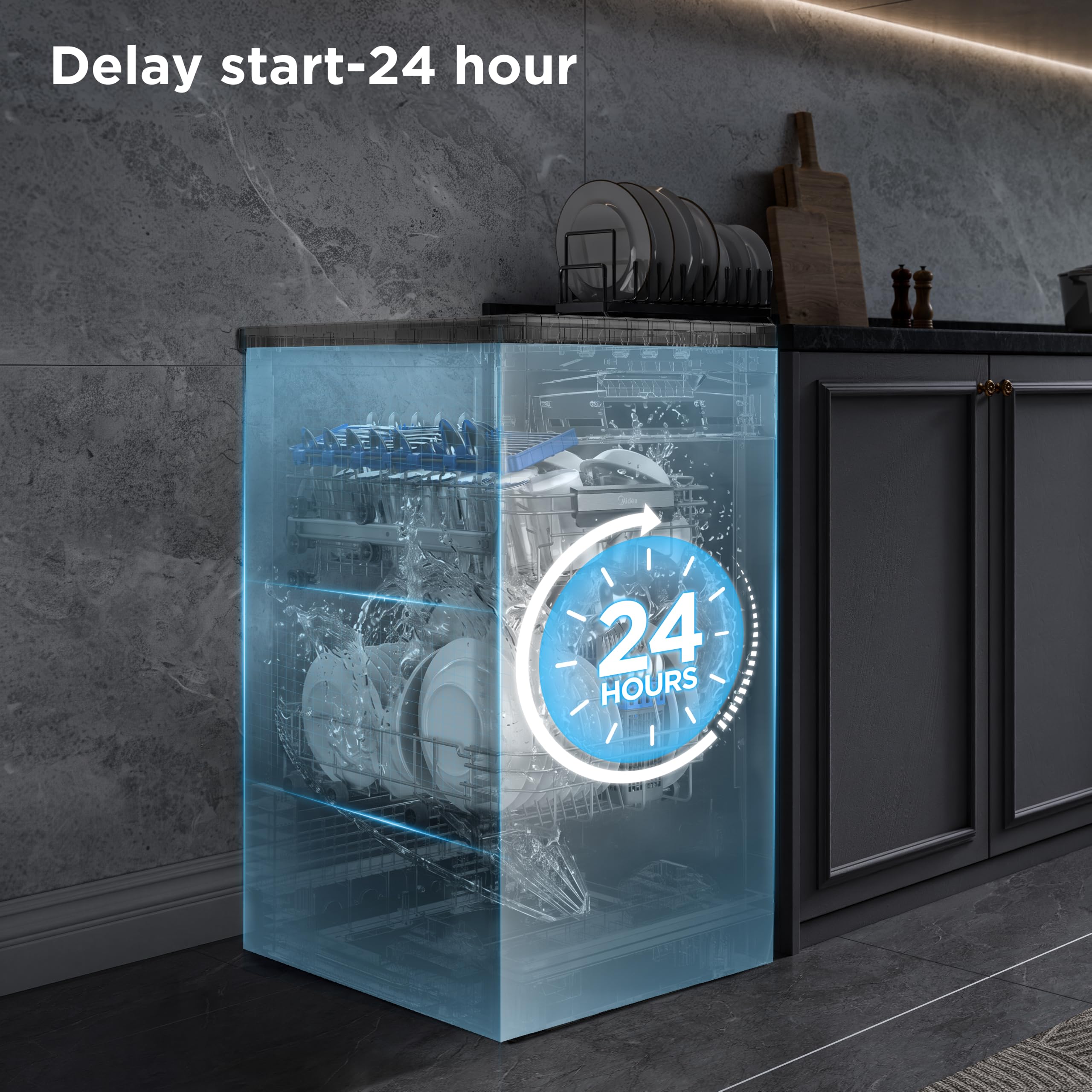 Midea MFD45S200X.1-IT Geschirrspüler, freistehend, mit 10 Decken, 8 Programme, LED-Display, Startvorwahl, Halblastfunktion, extra Trocknung, Edelstahl
