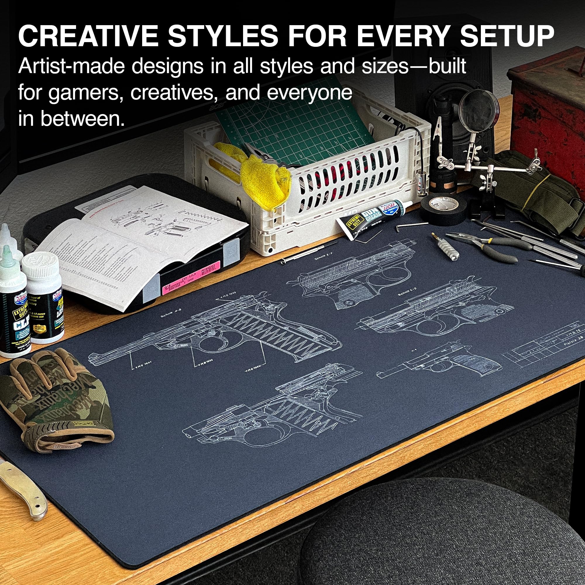 MPCO. Tappetino per scrivania da gioco originale – 91,4 x 43,2 cm Duraglyde Blueprints Pistol 38 – Tappetino per mouse da scrivania blu per una precisione fluida – Tappetino per mouse antiscivolo