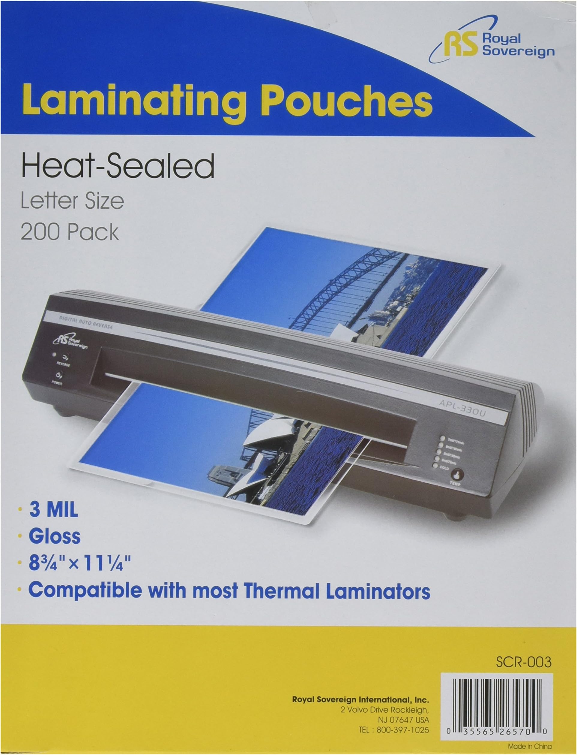3 Mil, Letter Size 11.25" x 8.75" x 0.7" Inches, Thermal Laminating Clear Gloss, 200 Pouches (SCR-003)