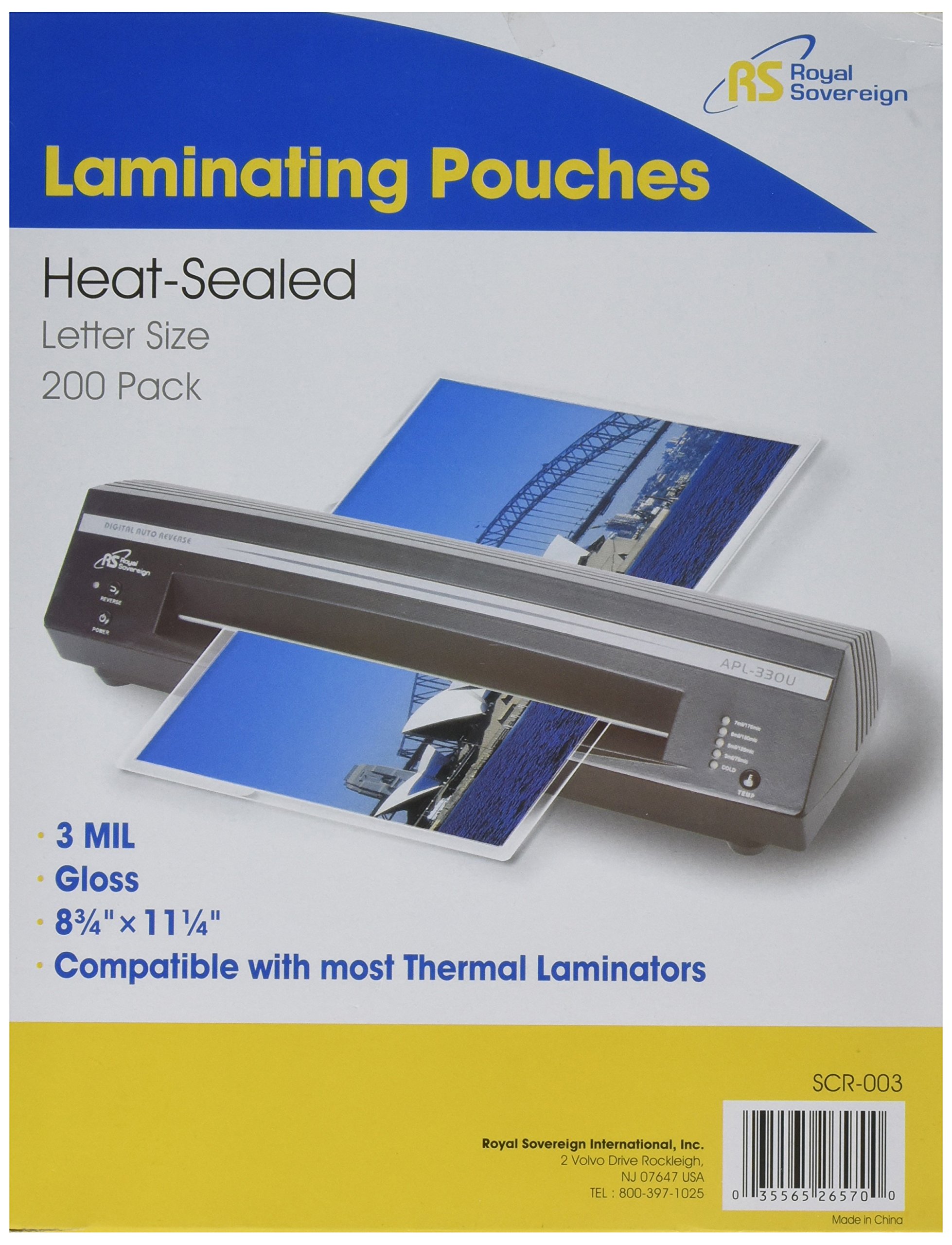 3 Mil, Letter Size 11.25" x 8.75" x 0.7" Inches, Thermal Laminating Clear Gloss, 200 Pouches (SCR-003)