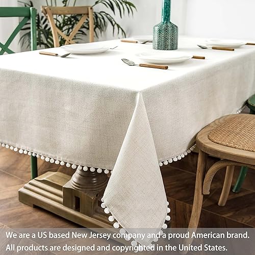 Miniatura 4 de DriftAway Mantel decorativo con borlas y pompones, de lino, rectangular, texturizado, para interiores y exteriores, comedor, buffet, cena, 55