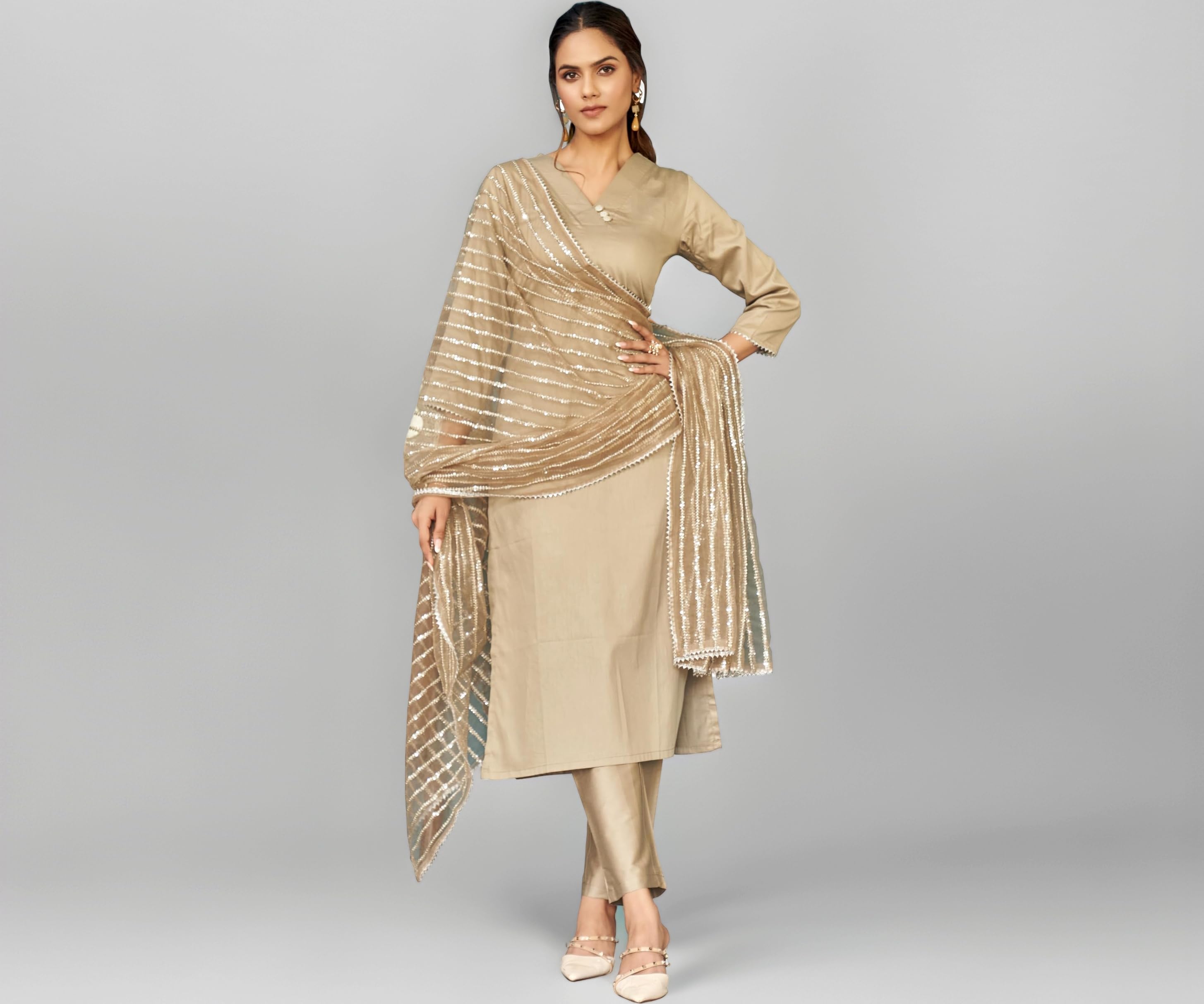 Womanista Women Beige Color Cotton Kurta set with Heavy Dupatta