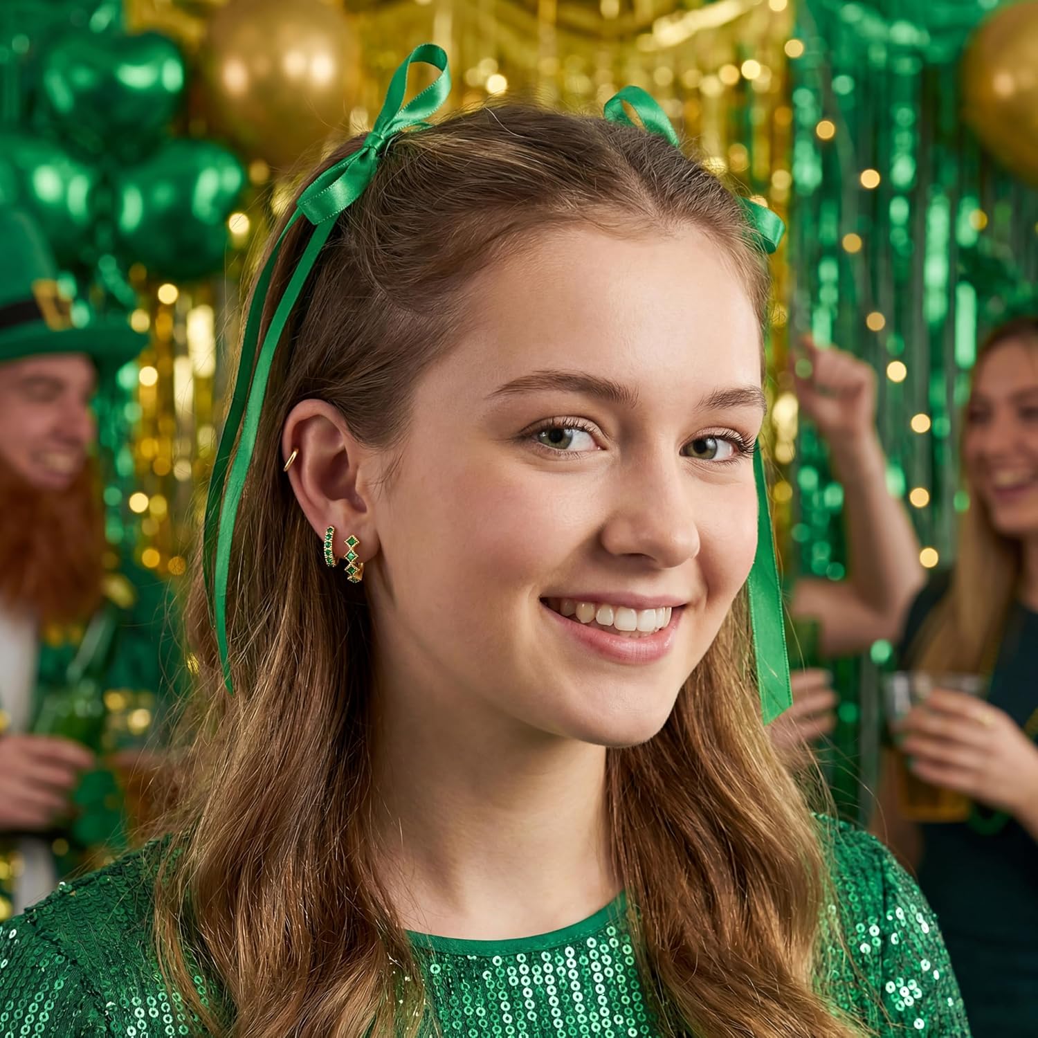 Gelbesty 3 Pairs Gold Black Green Huggie Earrings for Women Stackable, Small Dainty Cartilage Helix Hoops & Hypoallergenic Earring Set, Cute Western Trendy Fashion Jewelry St. Patrick's Day Gifts - Image 2