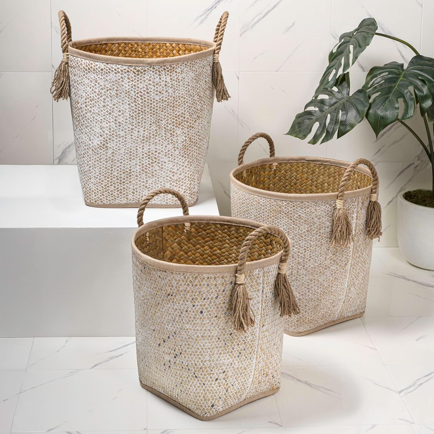 happimess BSK2026W-3SET Celia Rustic Coastal Handwoven Palm Leaf Nesting Storage Baskets with Rope Handles, Seagrass Containers for Decoration in Living Room, Bedroom, Natural/White (Set of 3)