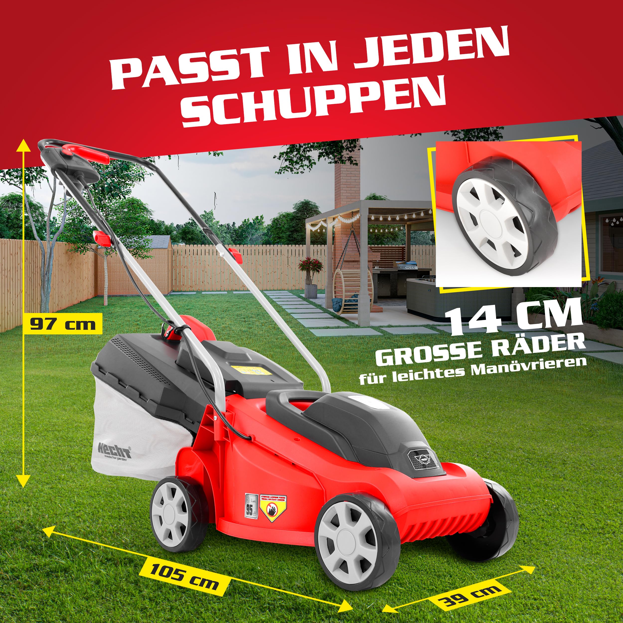 HECHT Elektro Rasenmäher 2in1 1300 W 33 cm 30 L Fangkorb | Radschnitthöheneinstellung 20-60 mm, kompakter Rasenmäher für Garten, Vorgarten und regelmäßige Rasenpflege