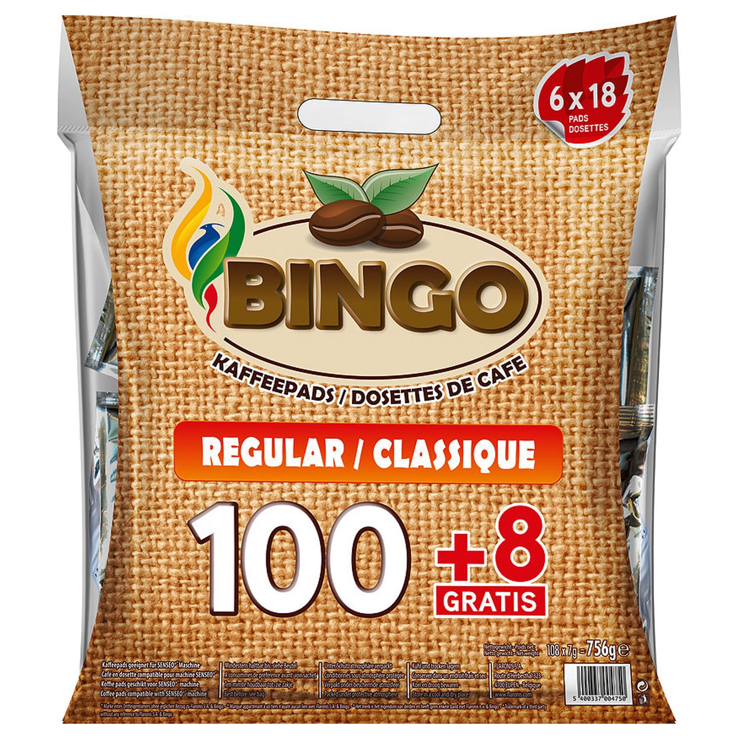 Bingo Kaffeepads Regular, 100 + 8 Pads 4x 756g (3024g) - mit nachhaltiger Crema
