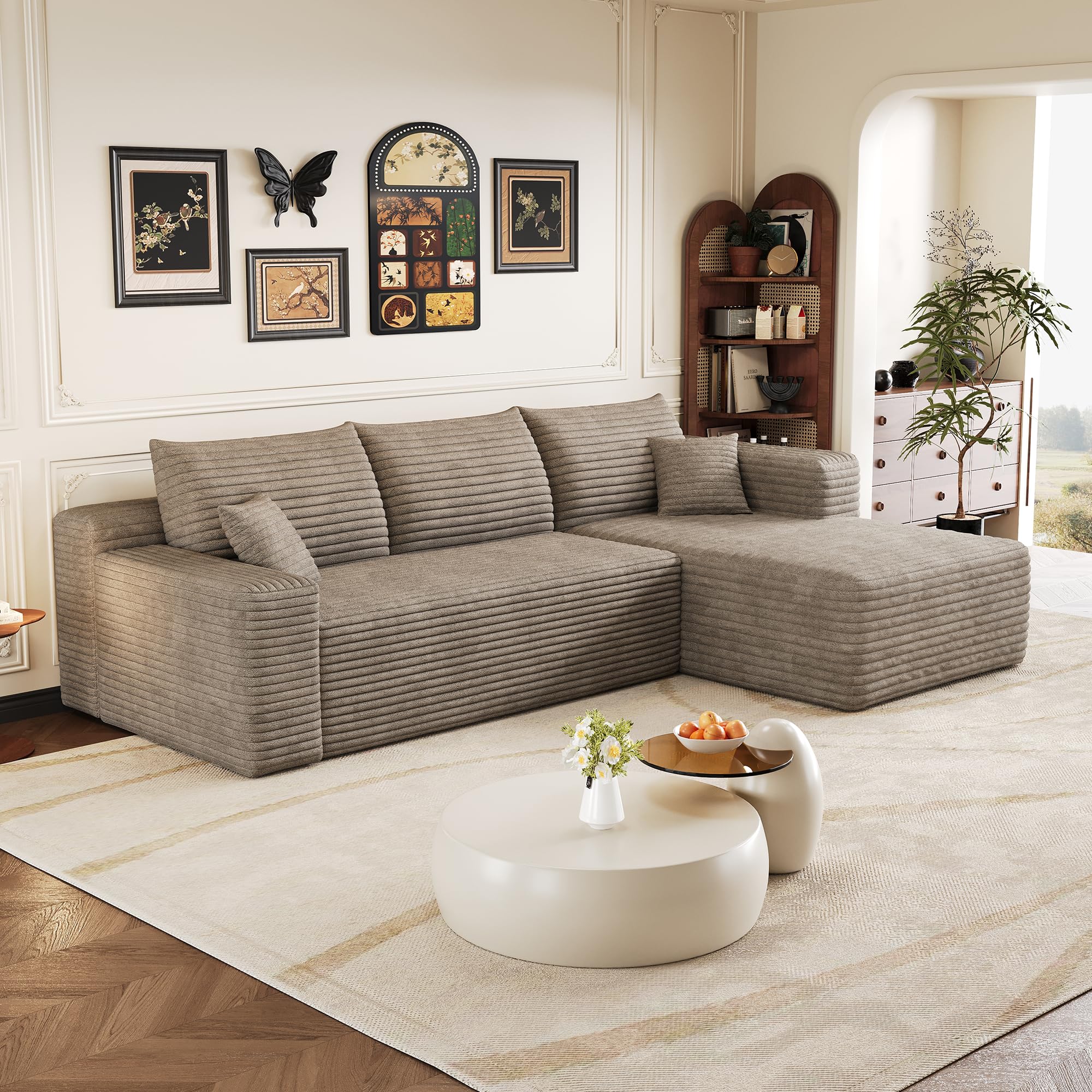 Sofá esquinero convertible de 239 cm, sofá comprimido con chaise longue en forma de L, sofá de esquina modular acolchado con asiento profundo para sala de estar (Camel, ángulo derecho)