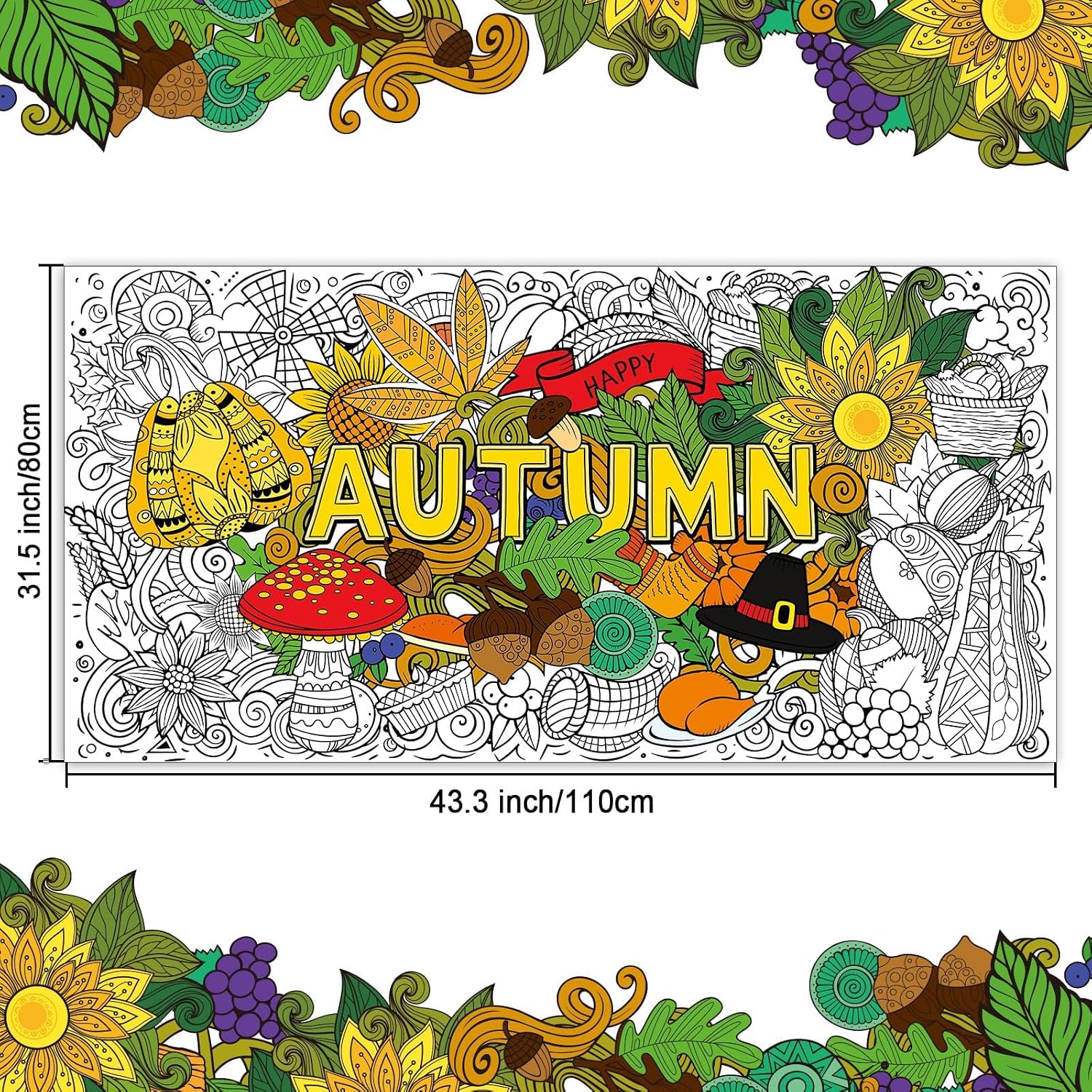 ZOIIWA Fall Coloring Poster Mandala Autumn Giant Coloring Tablecloth Fall Jumbo Pumpkin Sunflower Leaves Coloring Pages for Kids Adults Thanksgiving Crafts Activity Game Wall Decor