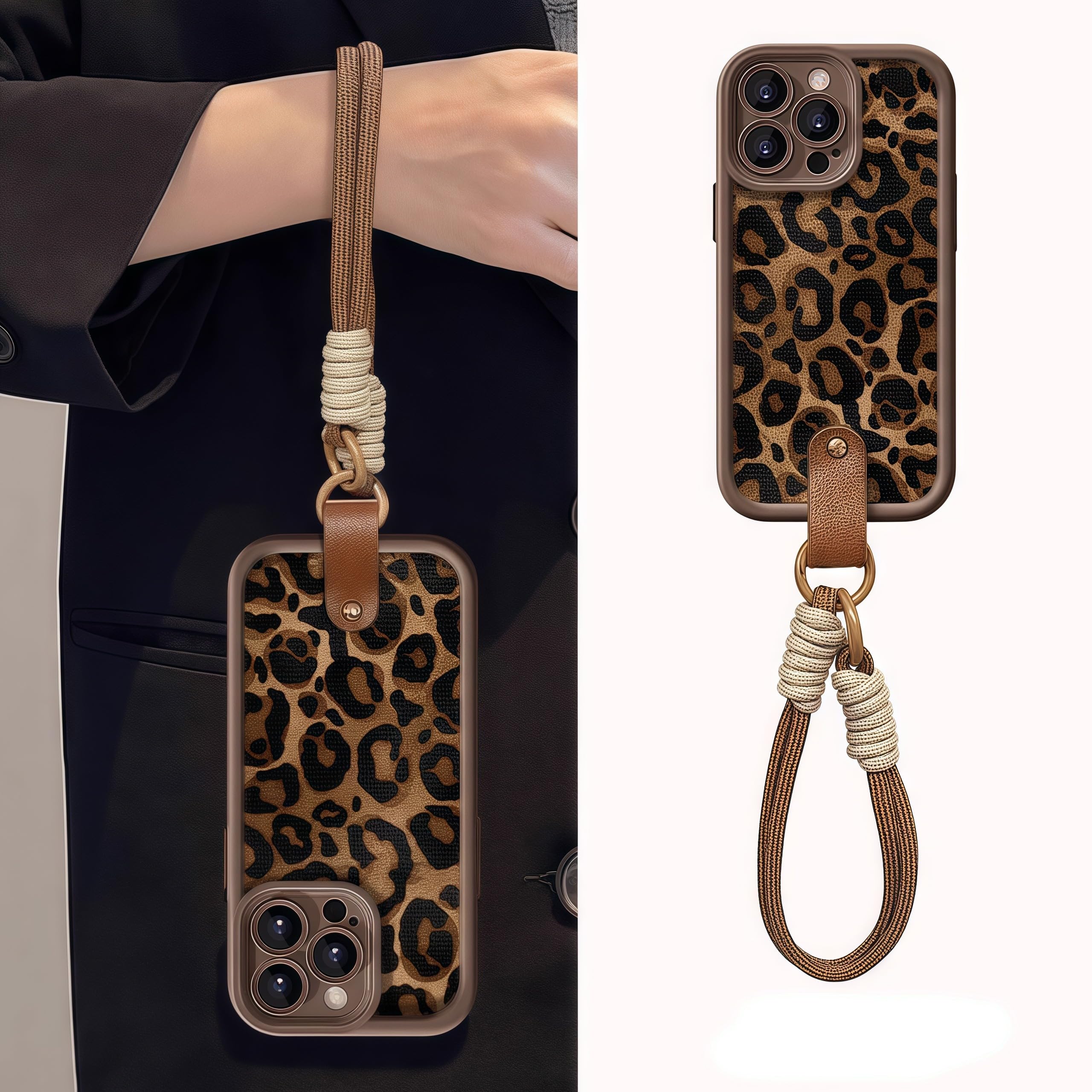 Pretaco for iPhone 16 Pro Max Case, [Brown Leather Leopard Cheetah Print] [Full-Body Protection] [with Drop-Proof Wrist Strap Lanyard] Soft TPU,